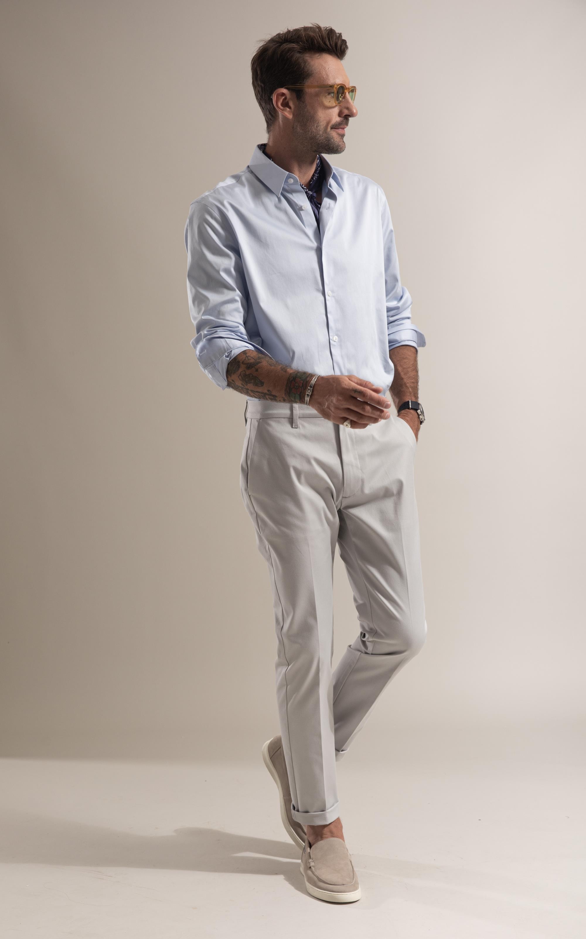 Camisa Cetim Lycra Ml Azul Claro