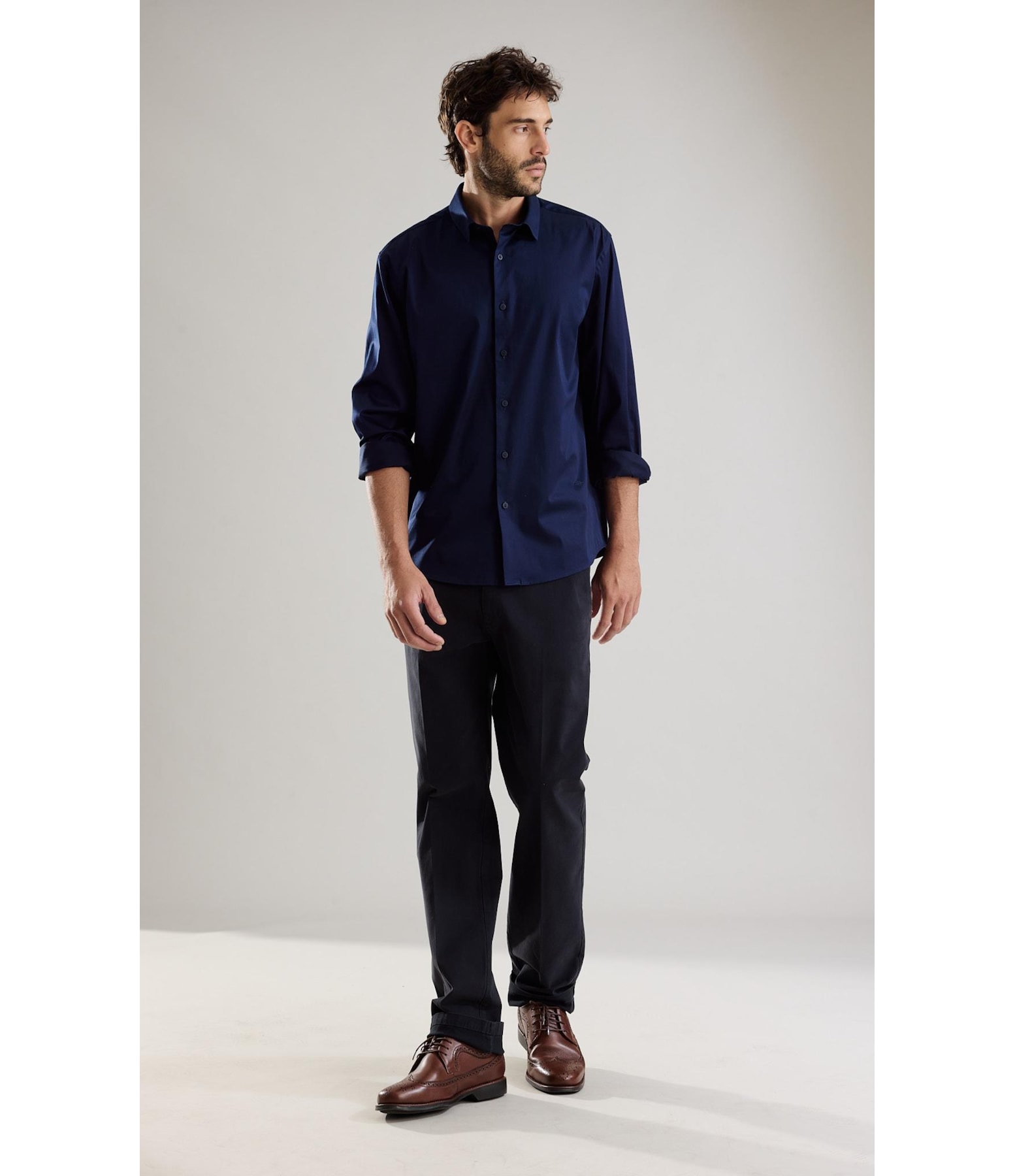 Camisa Cetim Lycra Ml Dark Navy