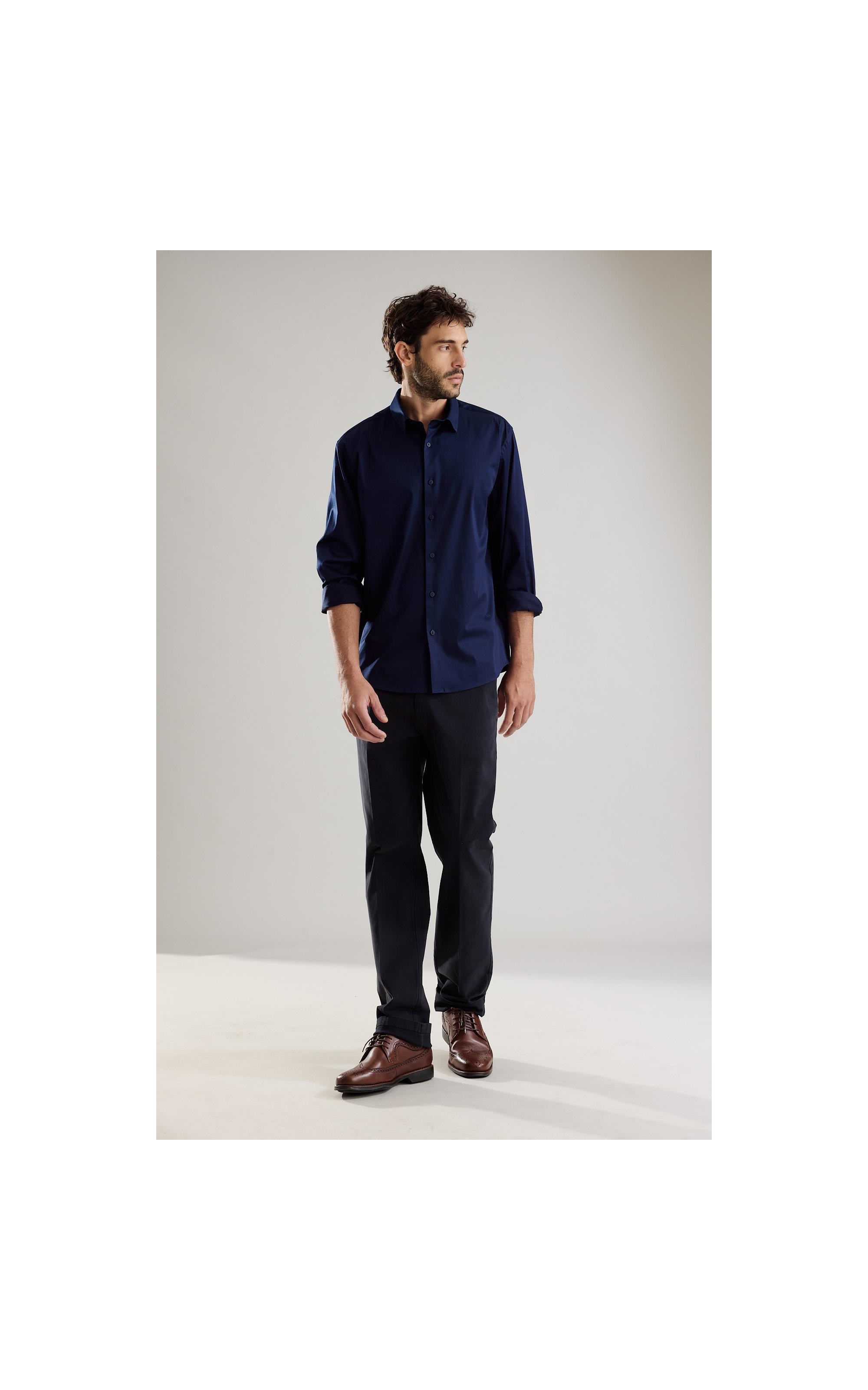 Camisa Cetim Lycra Ml Dark Navy