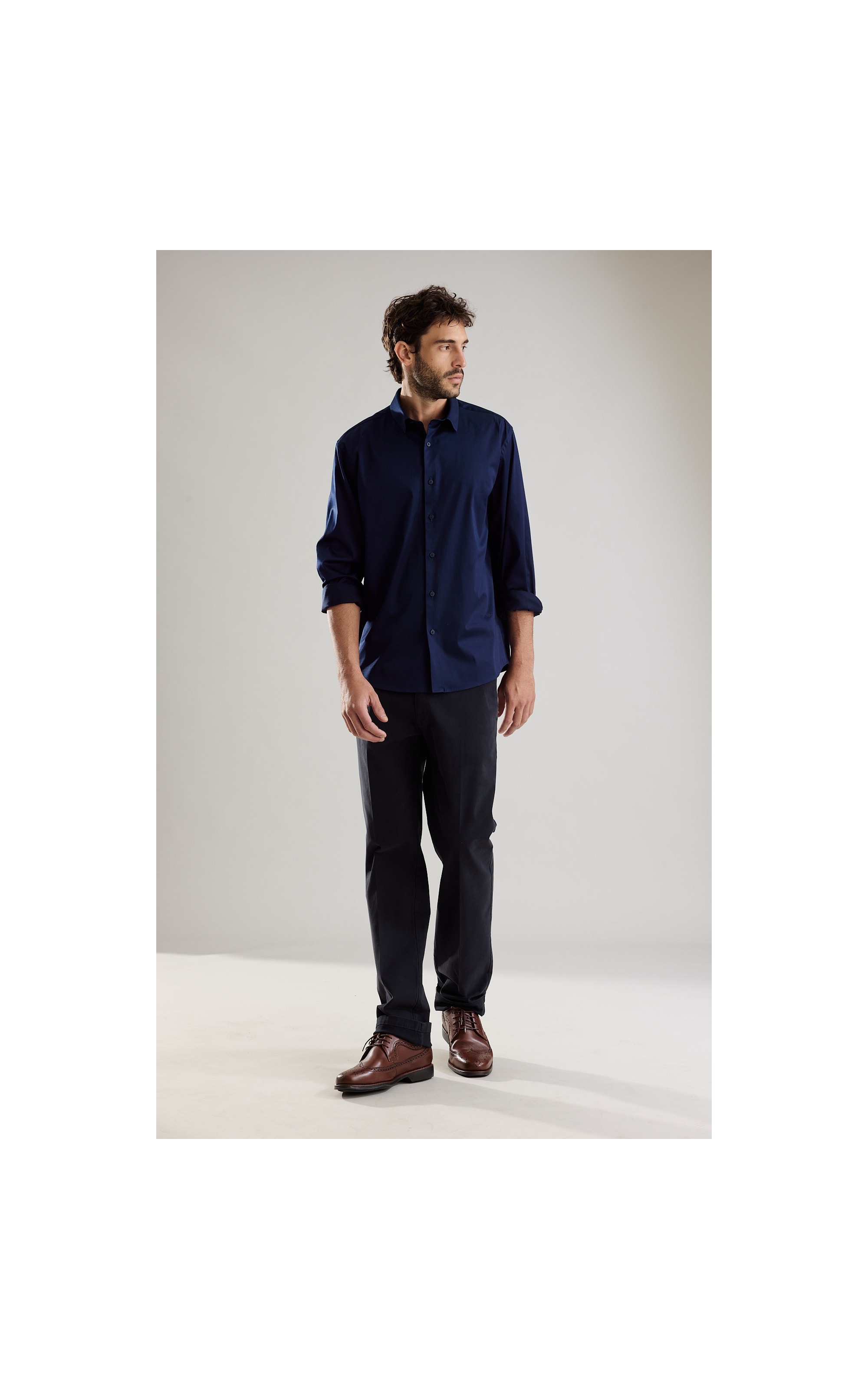 Camisa Cetim Lycra Ml Dark Navy