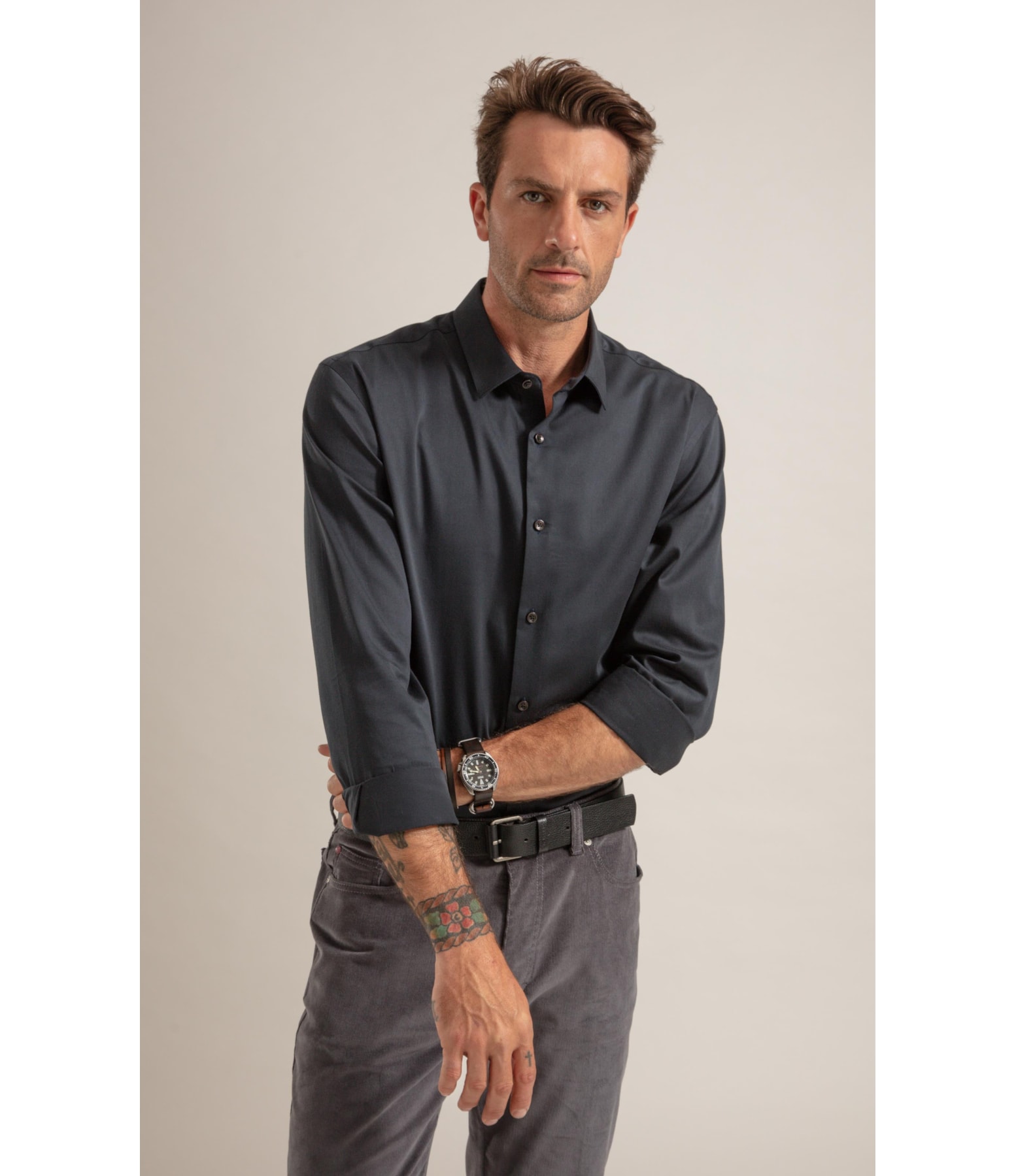 Camisa Cetim Lycra Ml  Dark Navy
