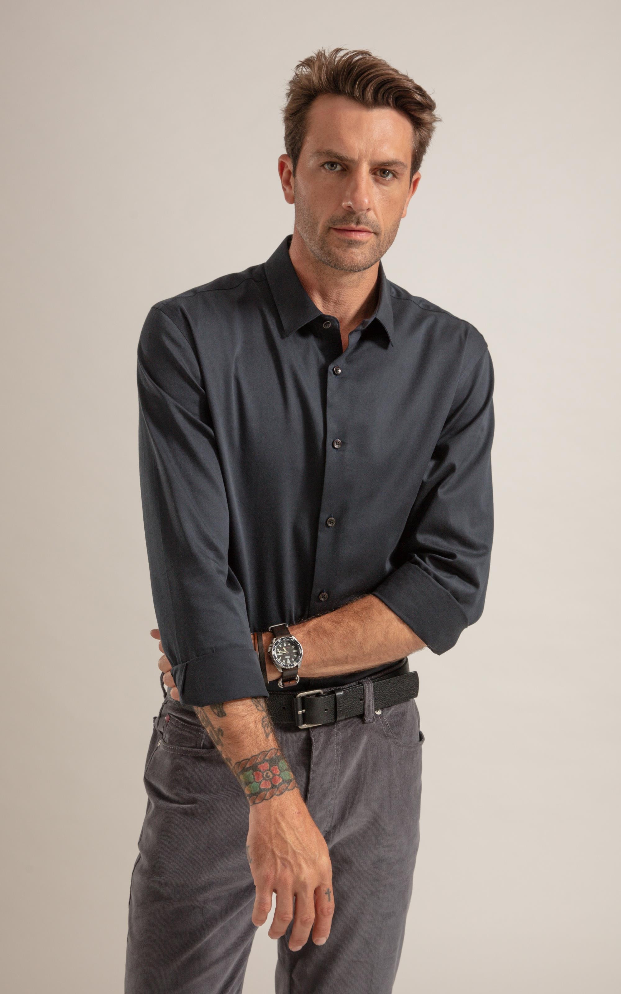 Camisa Cetim Lycra Ml  Dark Navy