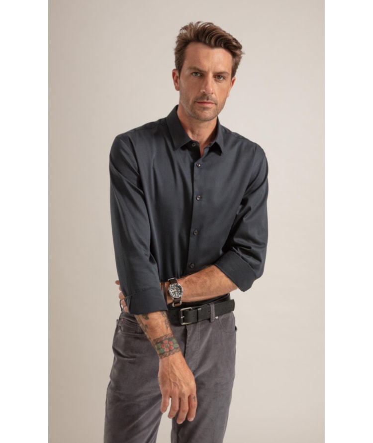 Camisa Cetim Lycra Ml  Dark Navy