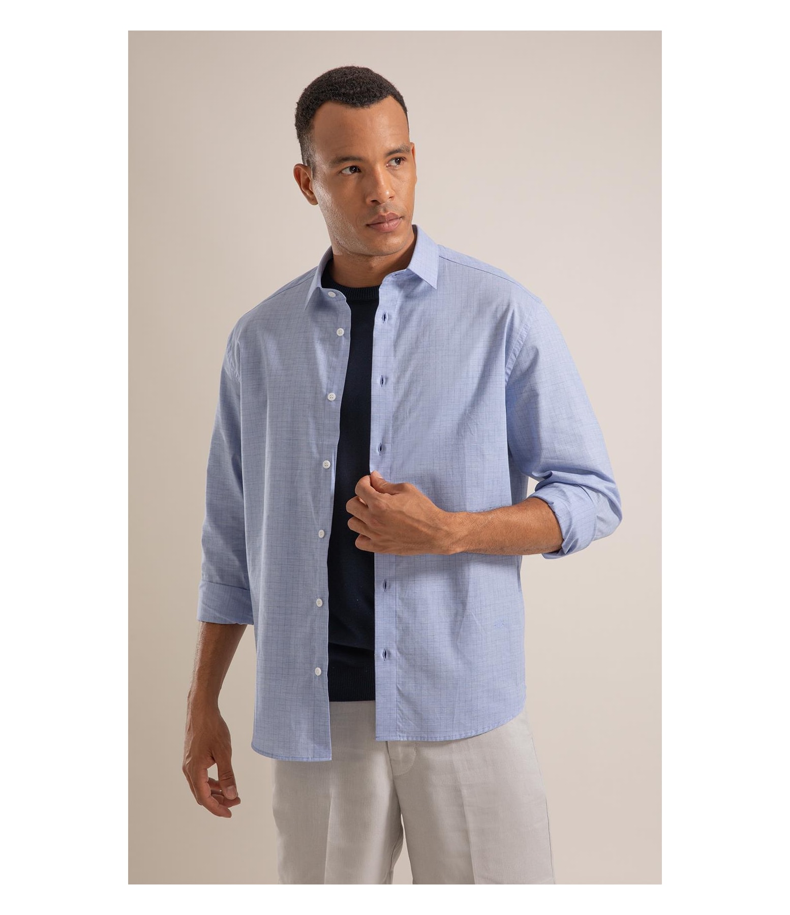 Camisa Fil a Fil Listrado Roberto Ml Azul Claro