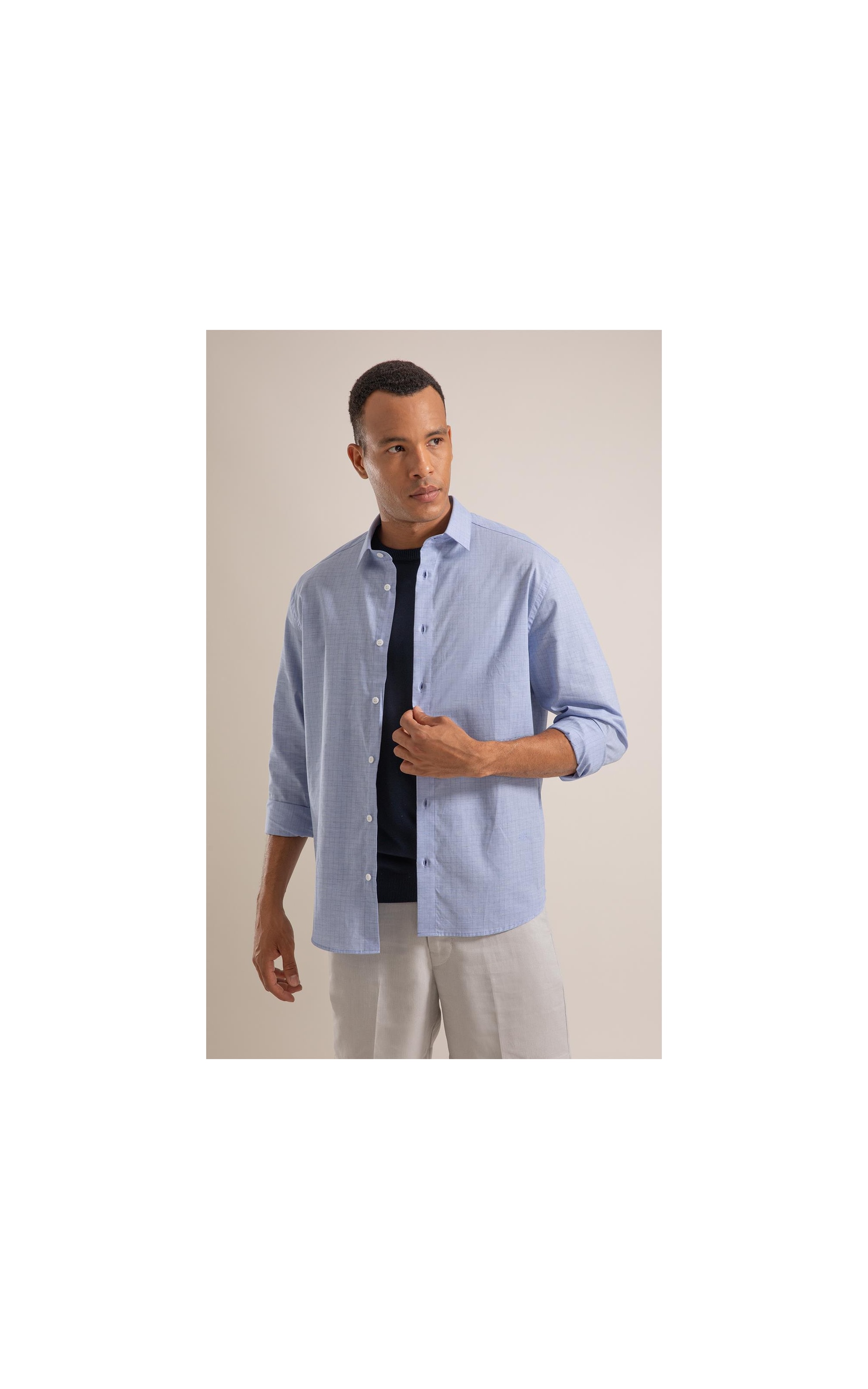 Camisa Fil a Fil Listrado Roberto Ml Azul Claro