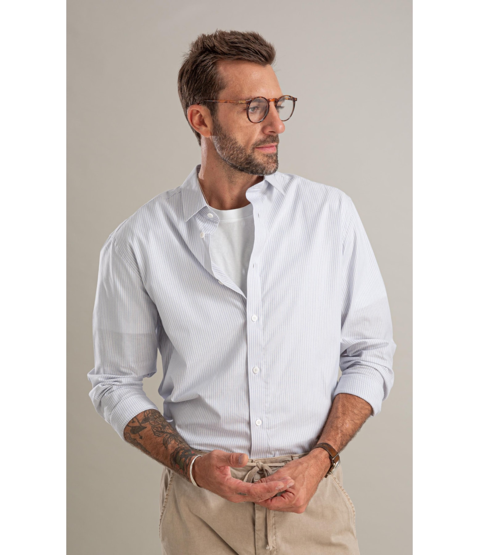 Camisa Fil a Fil Listrado Theo Ml Azul Bic