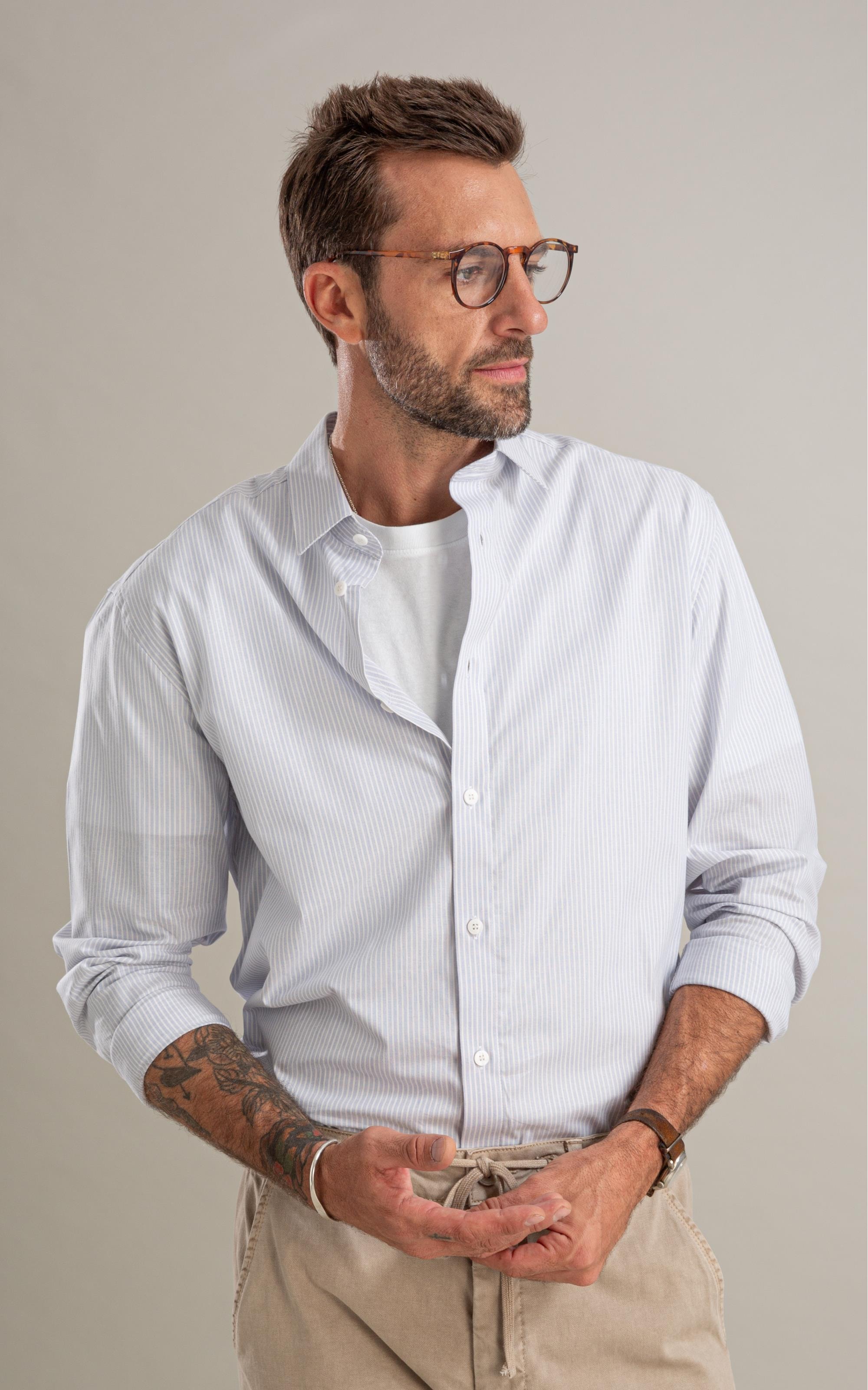 Camisa Fil a Fil Listrado Theo Ml Azul Bic