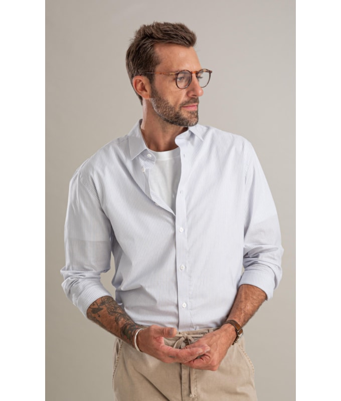 Camisa Fil a Fil Listrado Theo Ml Azul Bic