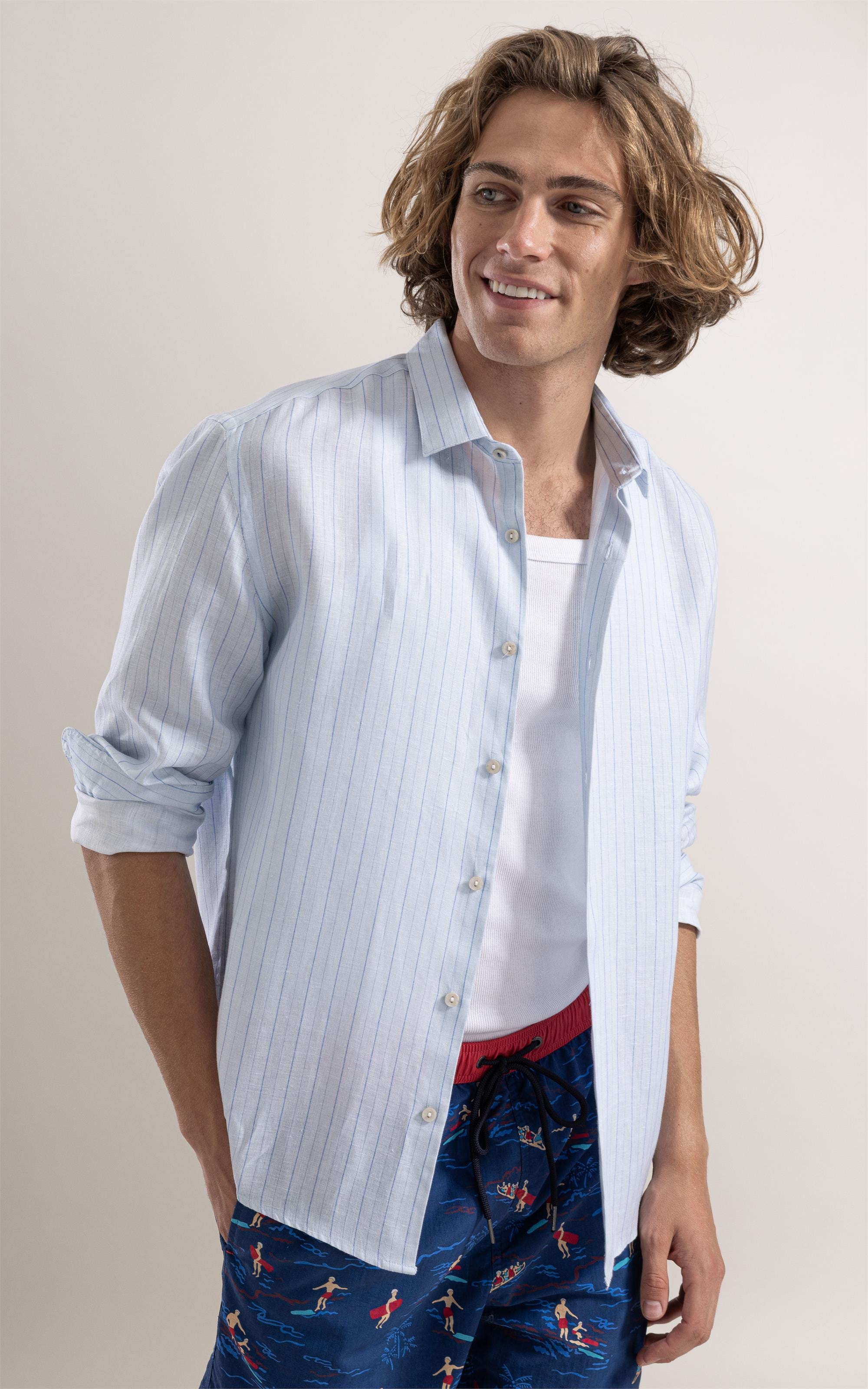 Camisa Ft Bordado Timal Linho Azul Claro