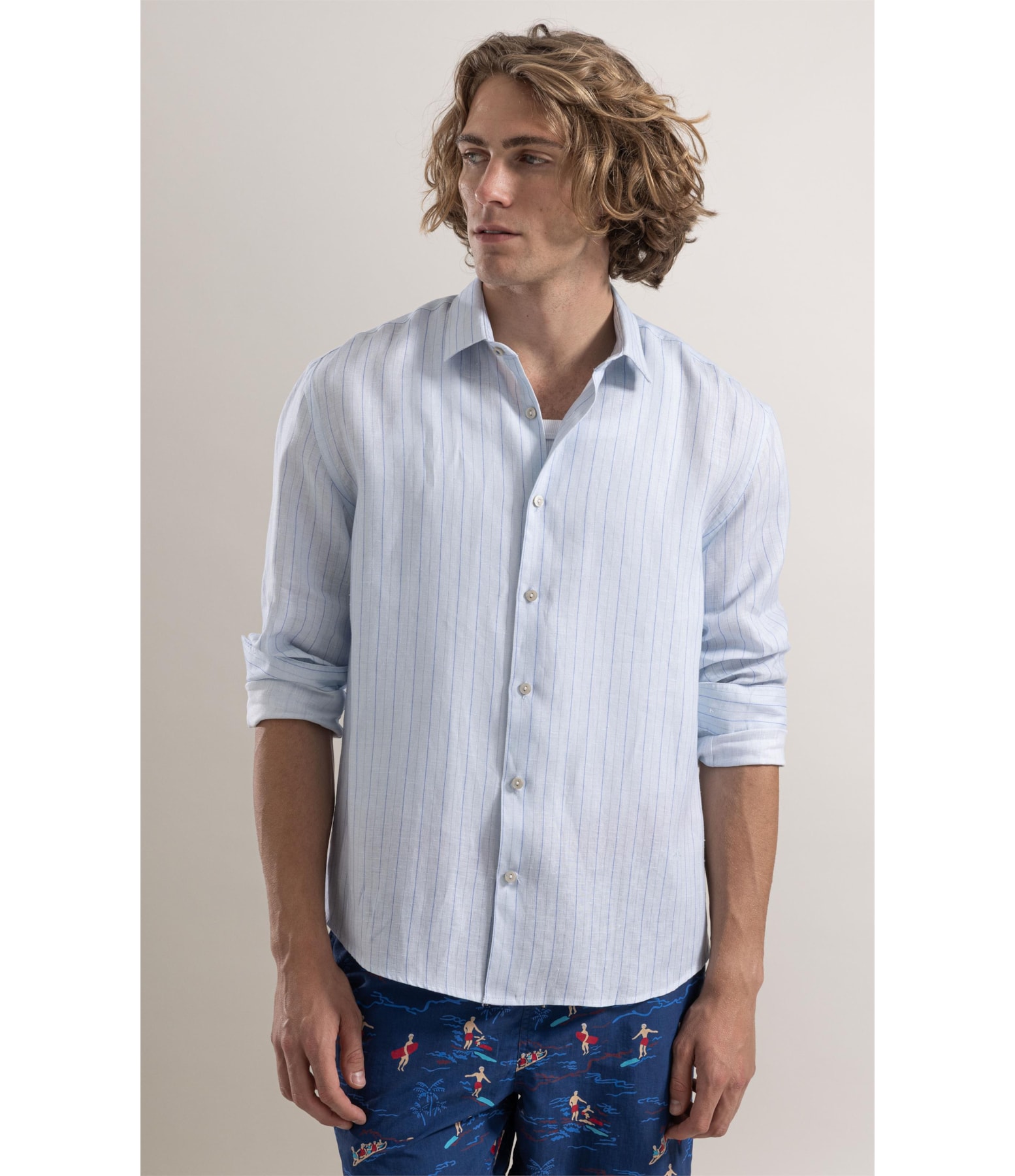 Camisa Ft Bordado Timal Linho Azul Claro