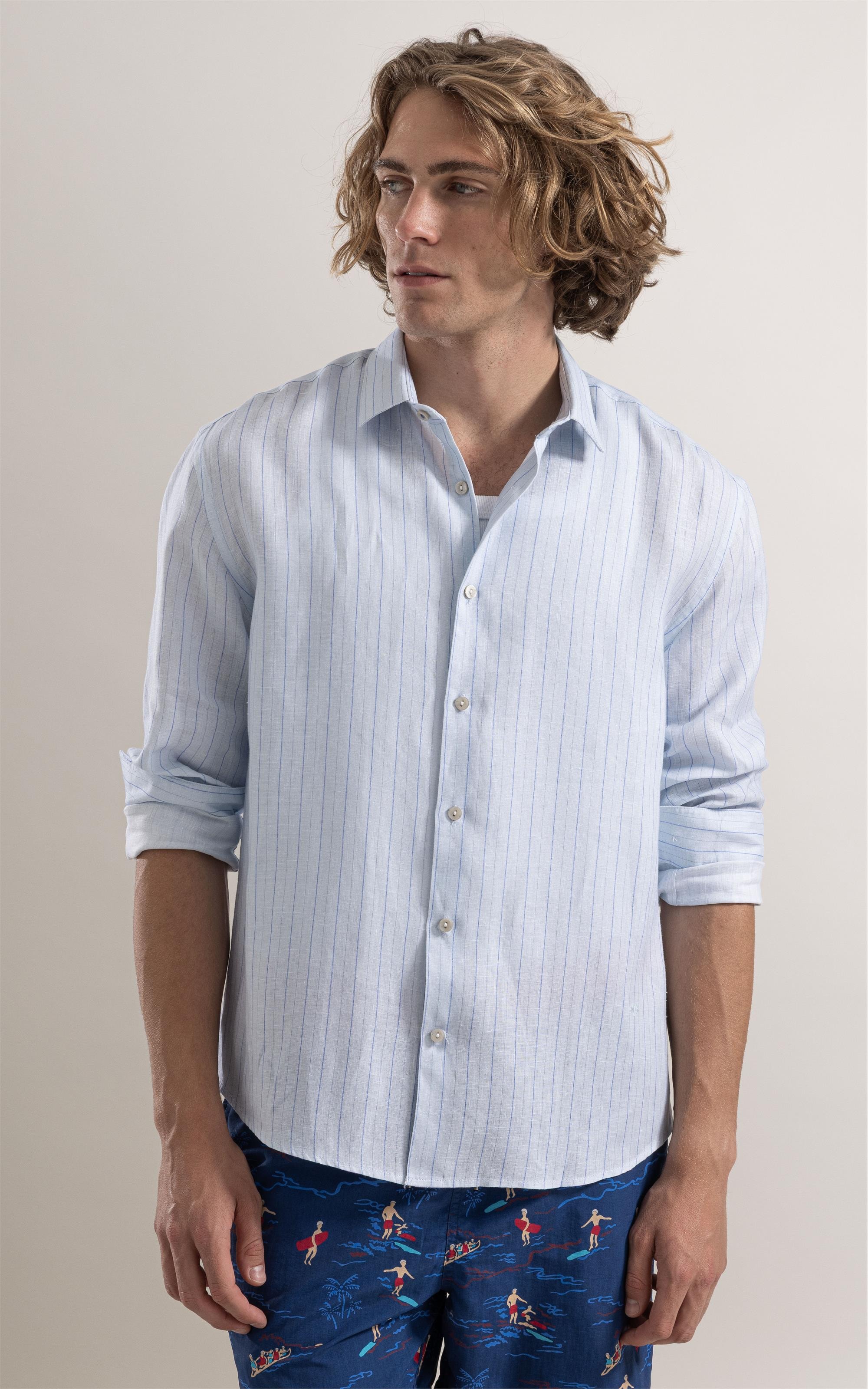Camisa Ft Bordado Timal Linho Azul Claro