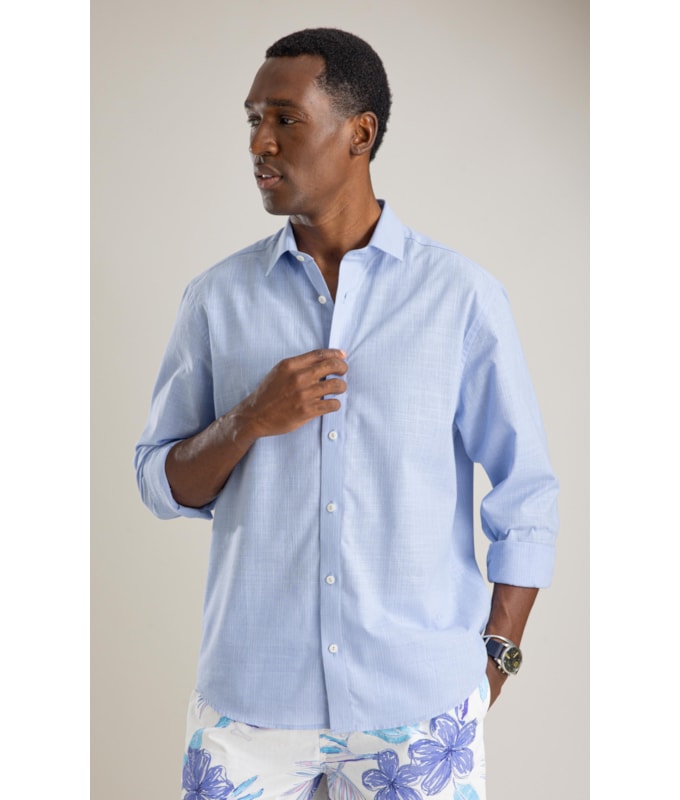 Camisa Linen Like Listrado Paulo Ml Azul Claro