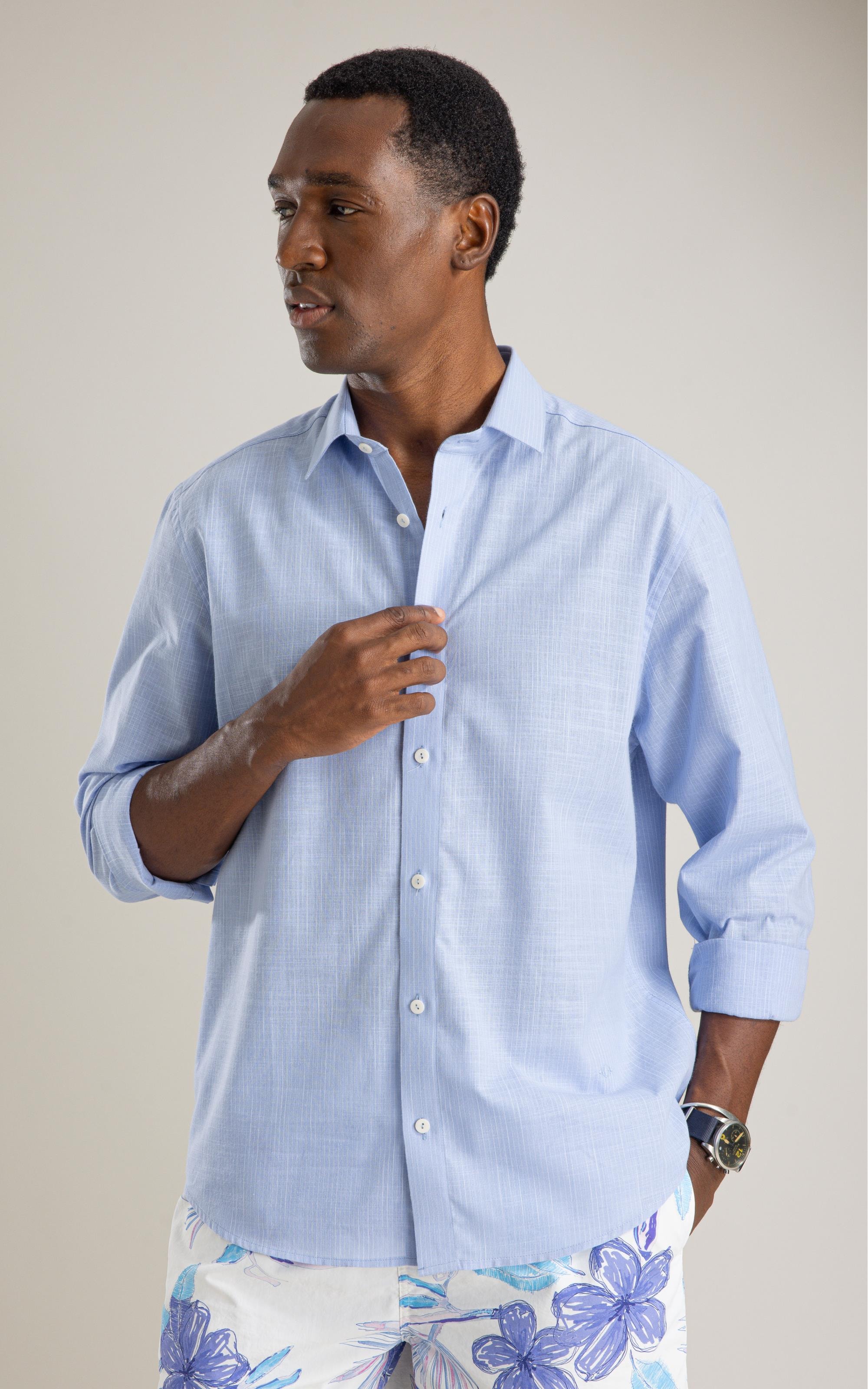 Camisa Linen Like Listrado Paulo Ml Azul Claro