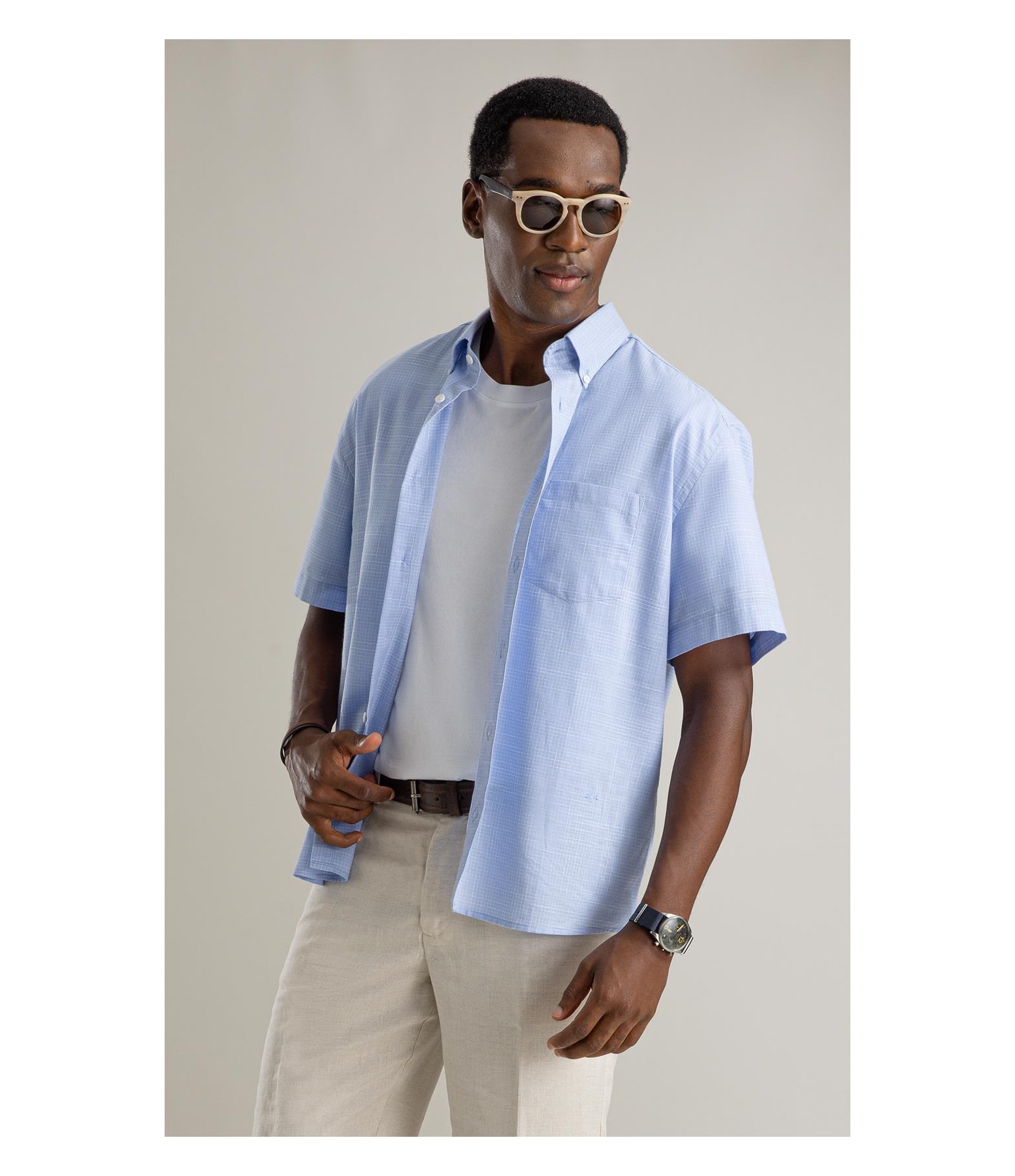 Camisa Linen Like Xadrez Gabriel Mc Azul Claro