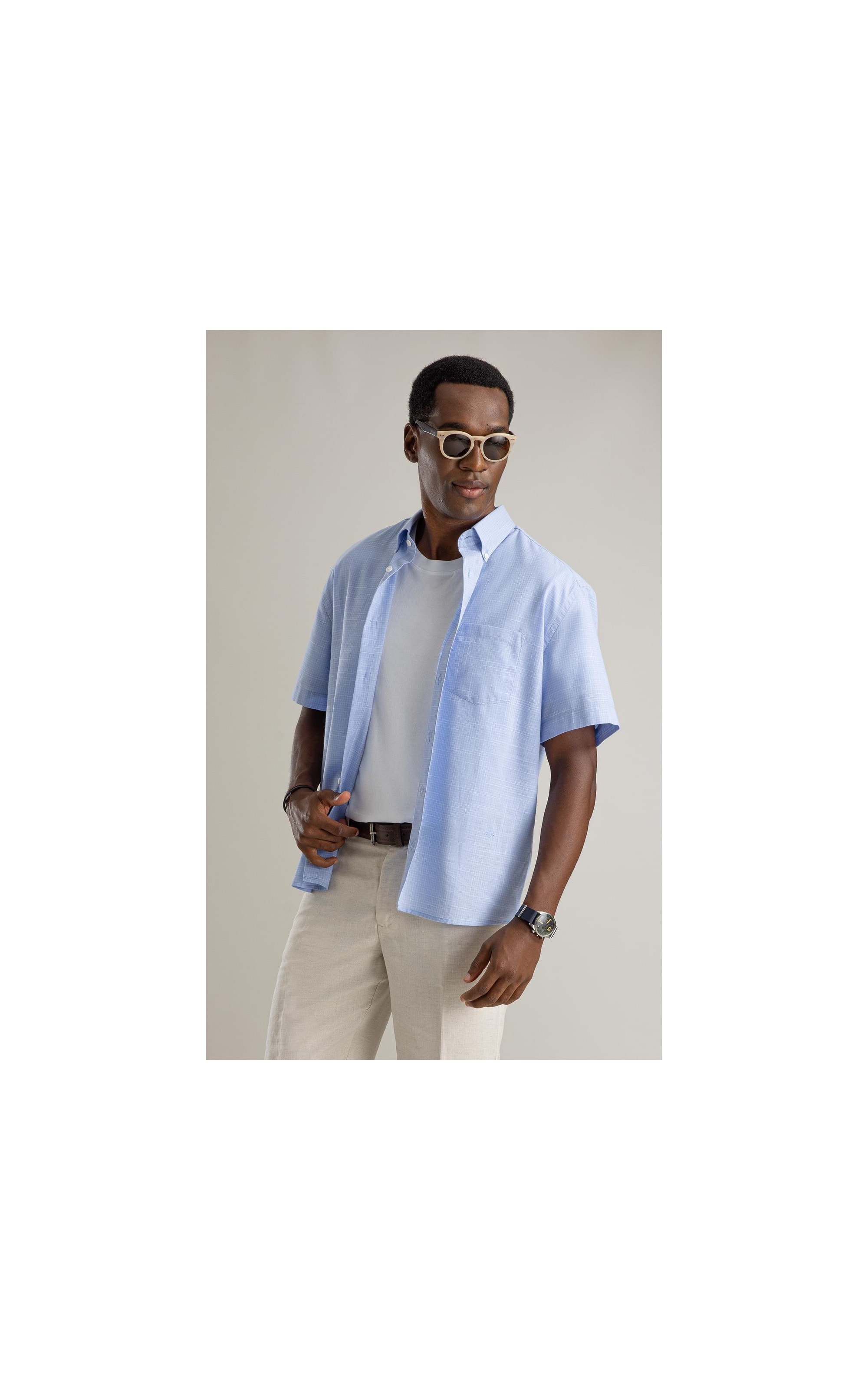 Camisa Linen Like Xadrez Gabriel Mc Azul Claro