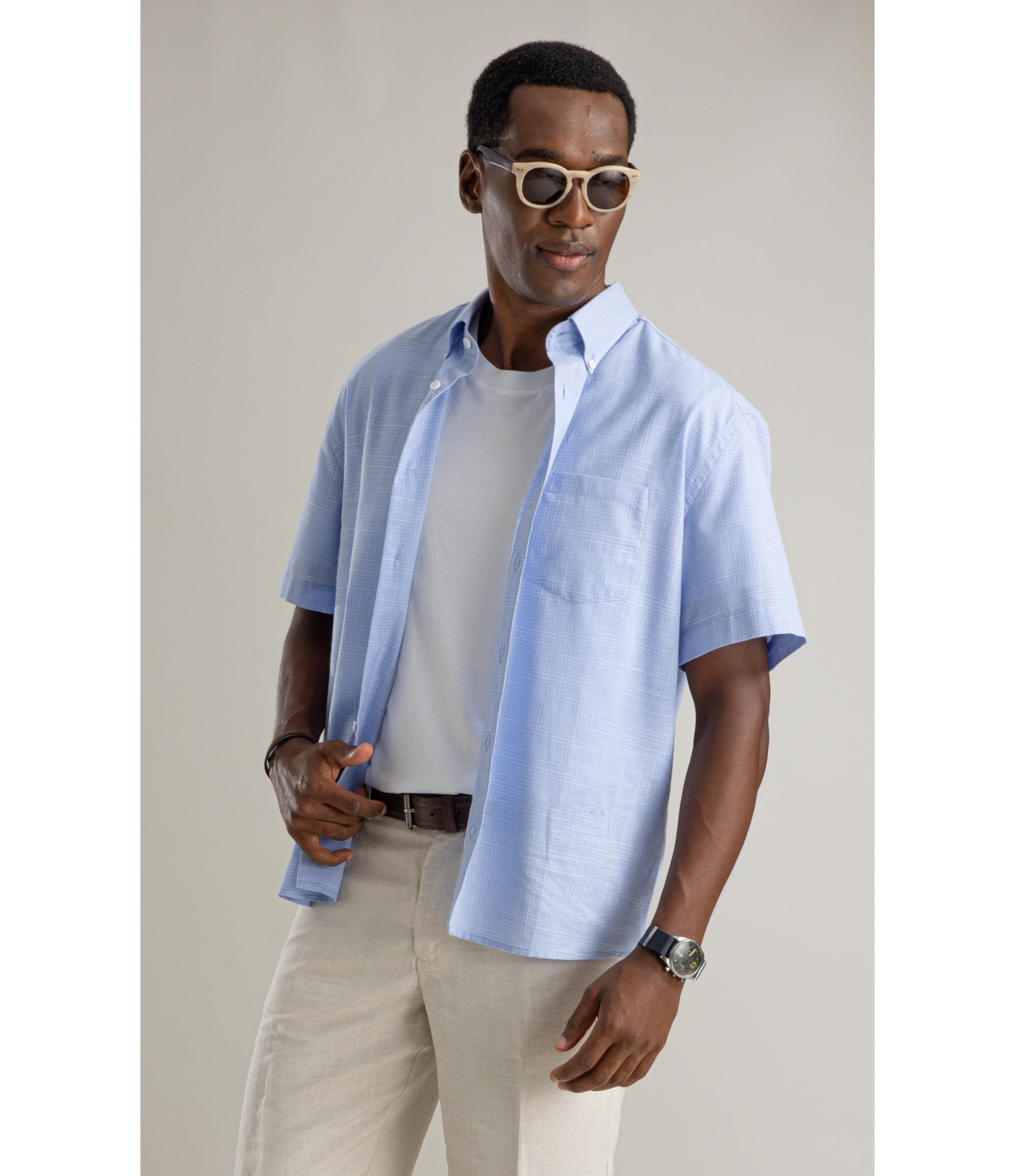 Camisa Linen Like Xadrez Gabriel Mc Azul Claro