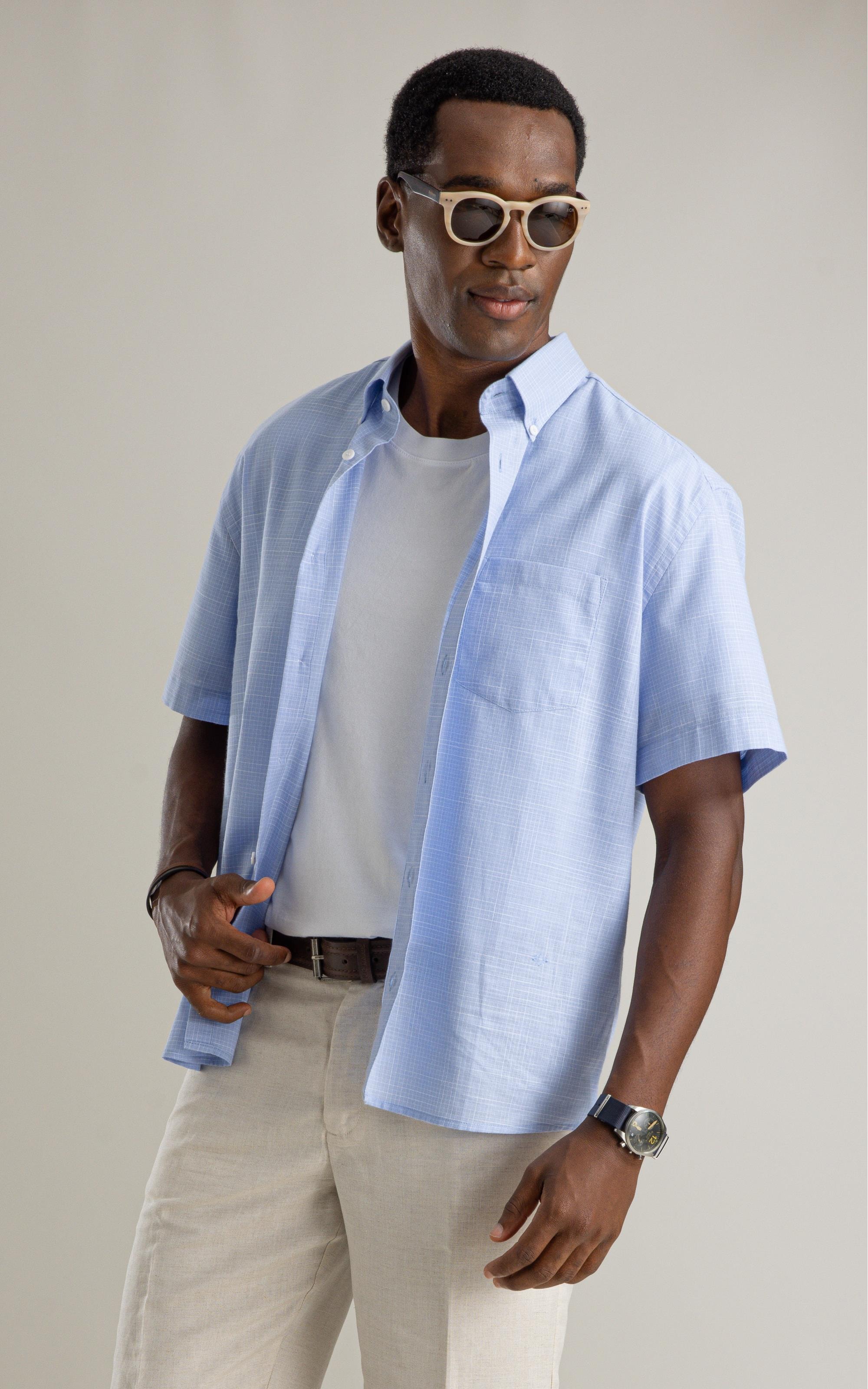 Camisa Linen Like Xadrez Gabriel Mc Azul Claro