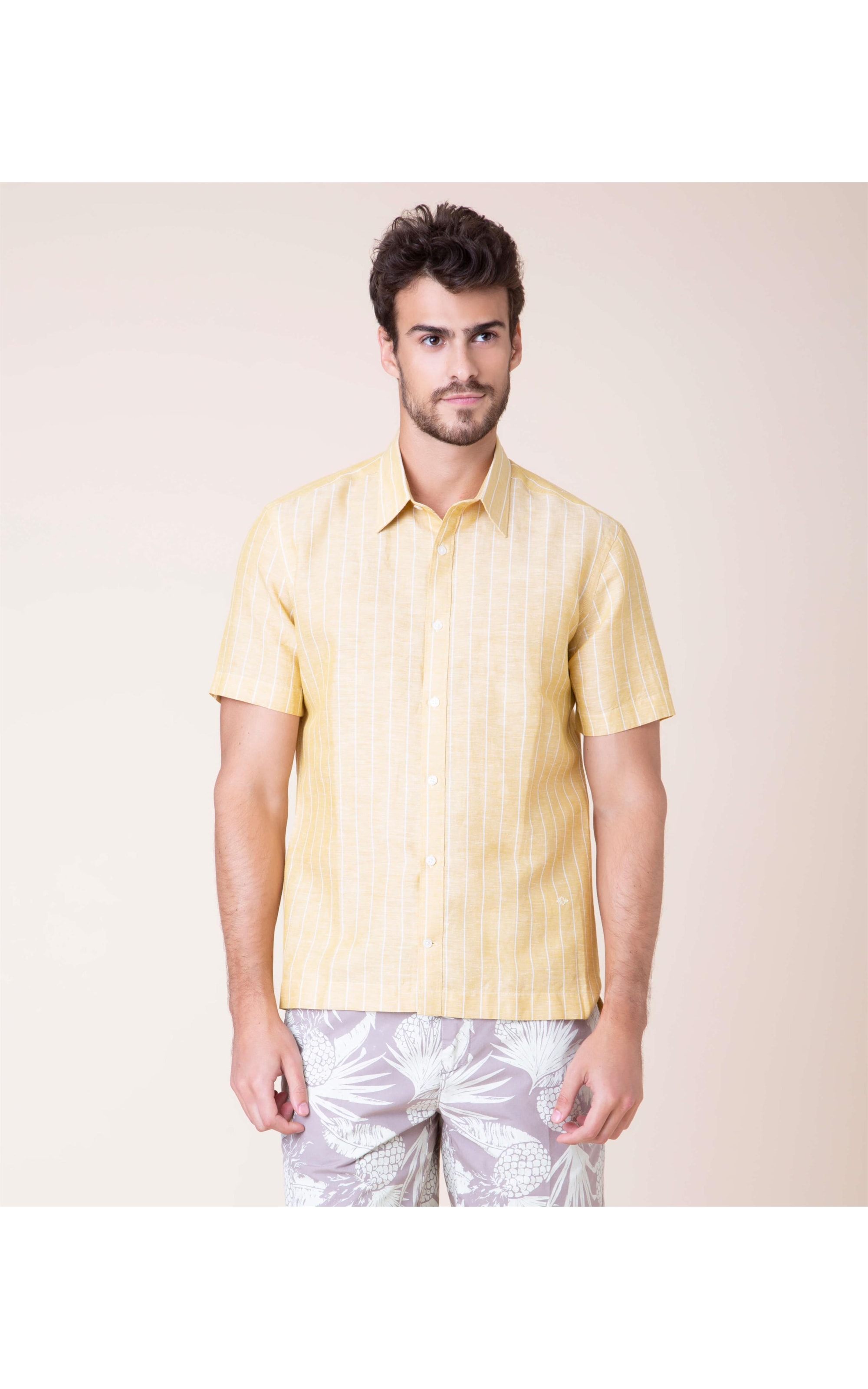 Camisa Linho  Ariel Listrada Mc Amarelo
