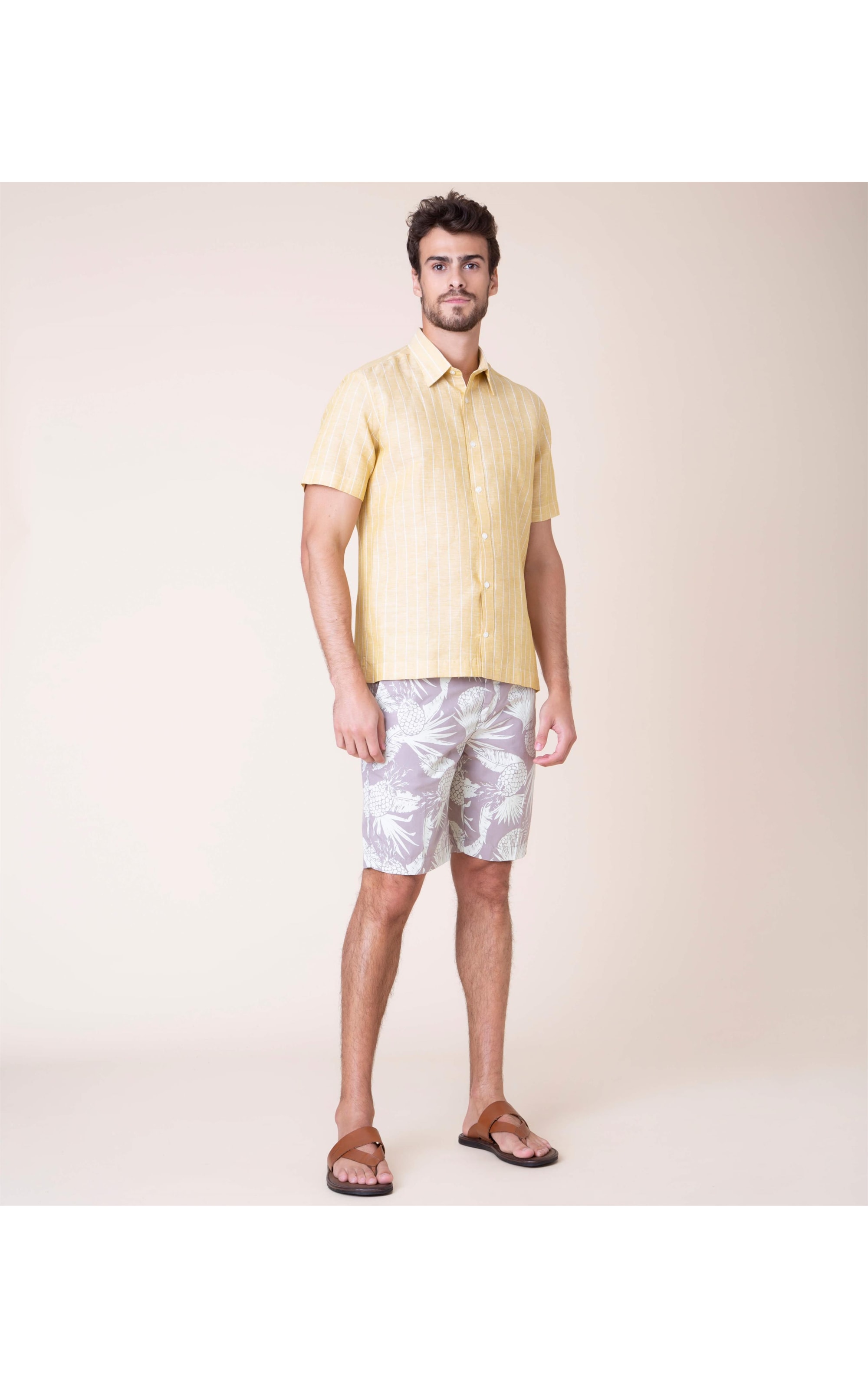 Camisa Linho  Ariel Listrada Mc Amarelo