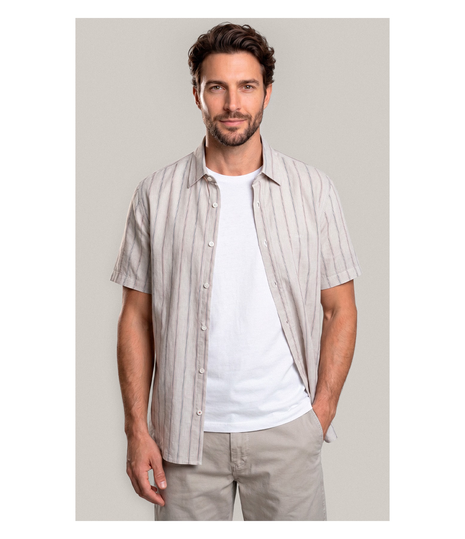 Camisa Linho Blend Adriano Stripe Mc Areia