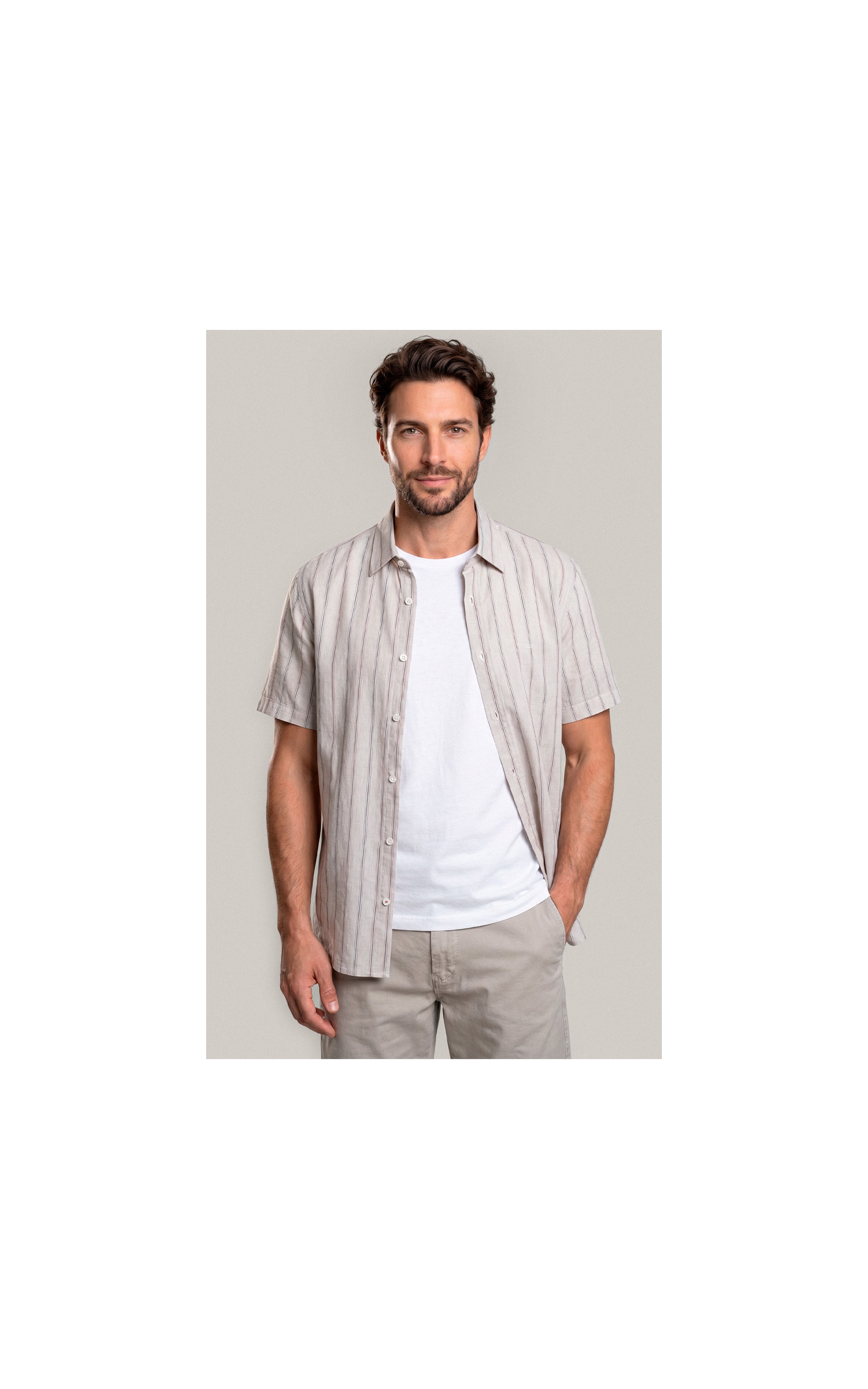 Camisa Linho Blend Adriano Stripe Mc Areia