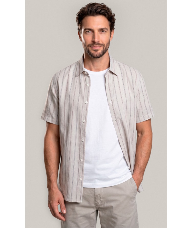 Camisa Linho Blend Adriano Stripe Mc Areia