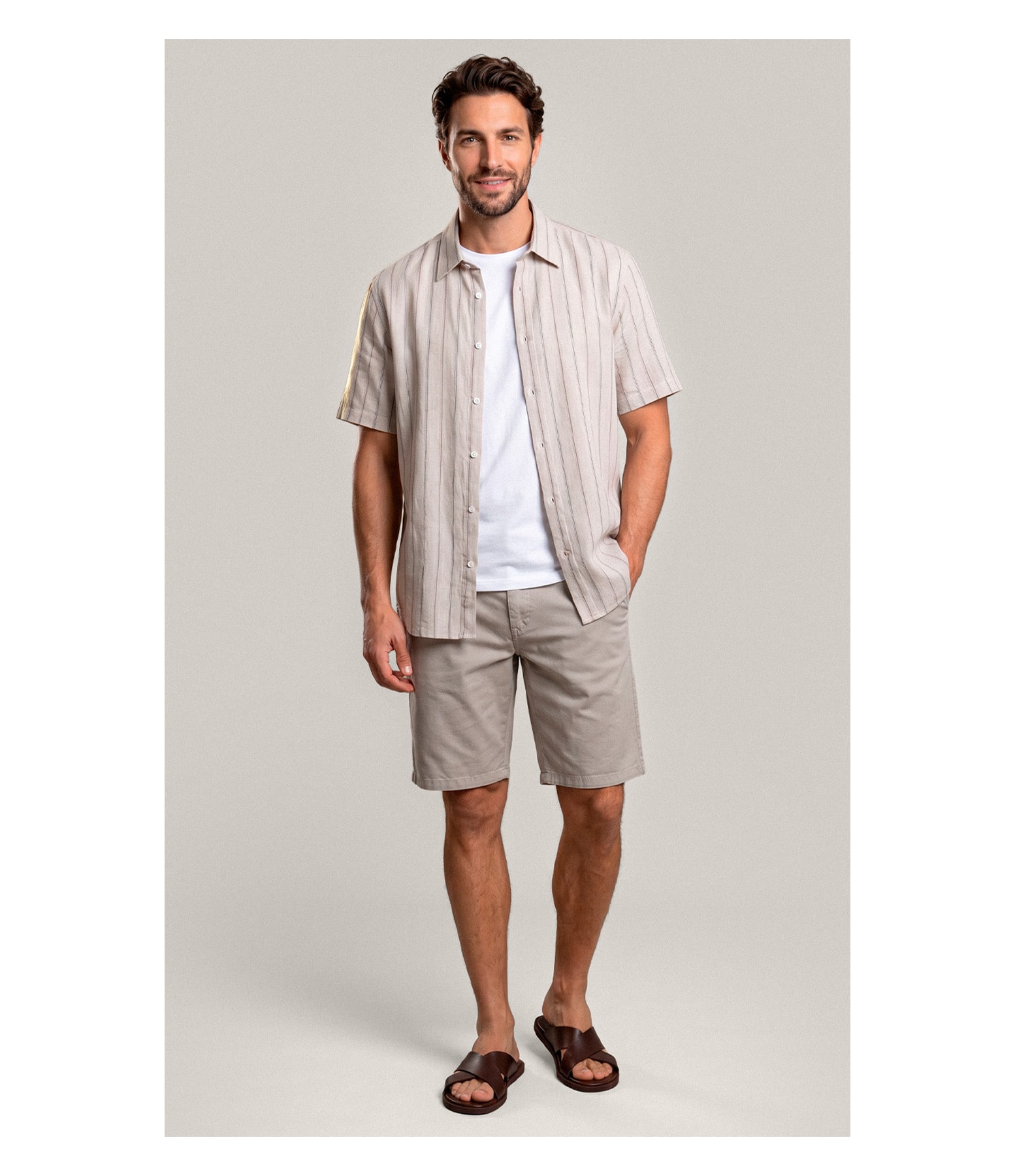 Camisa Linho Blend Adriano Stripe Mc Areia