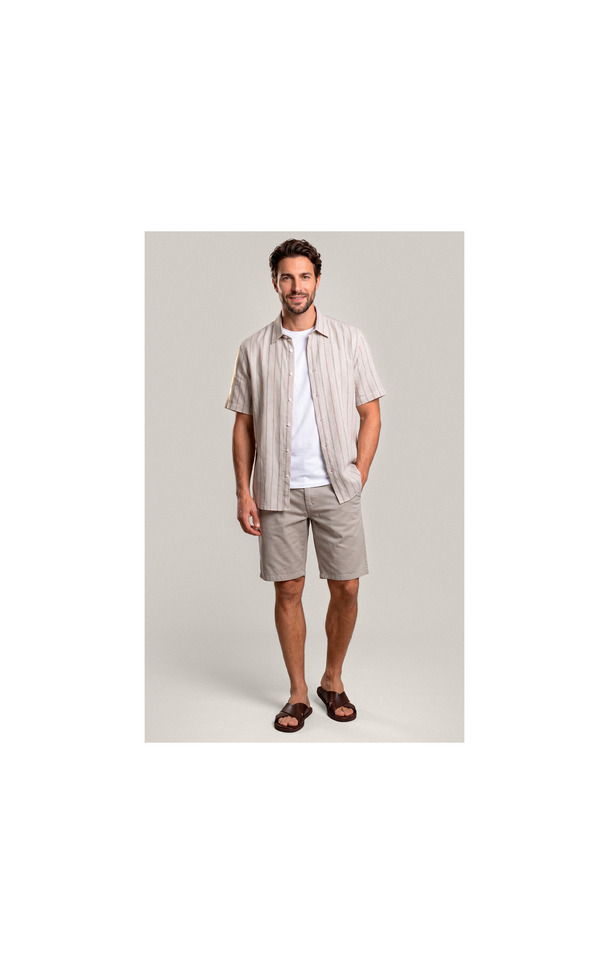 Camisa Linho Blend Adriano Stripe Mc Areia