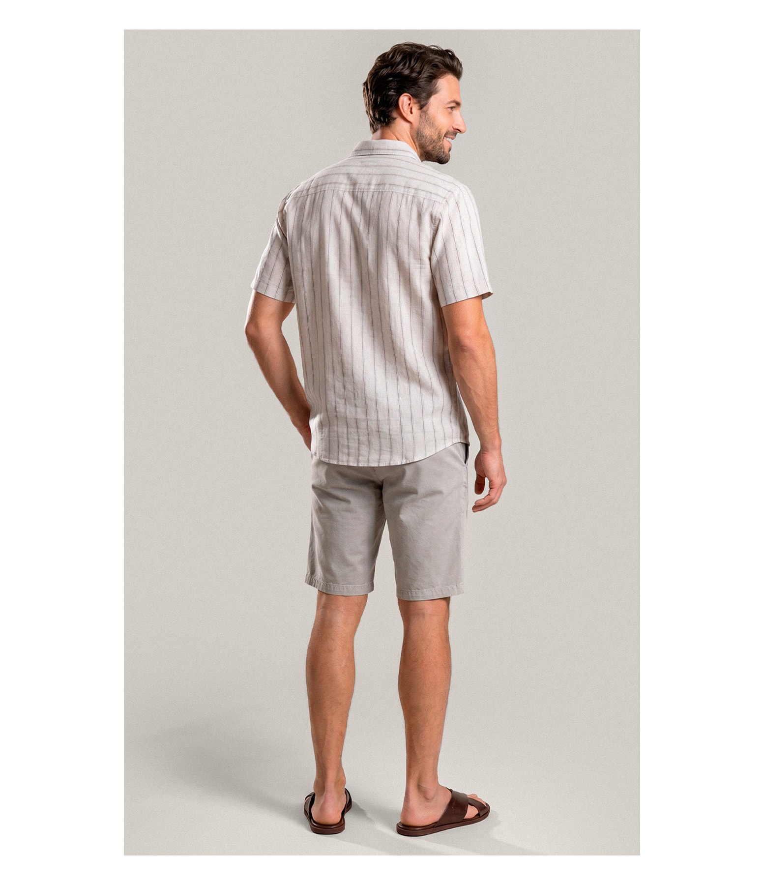 Camisa Linho Blend Adriano Stripe Mc Areia
