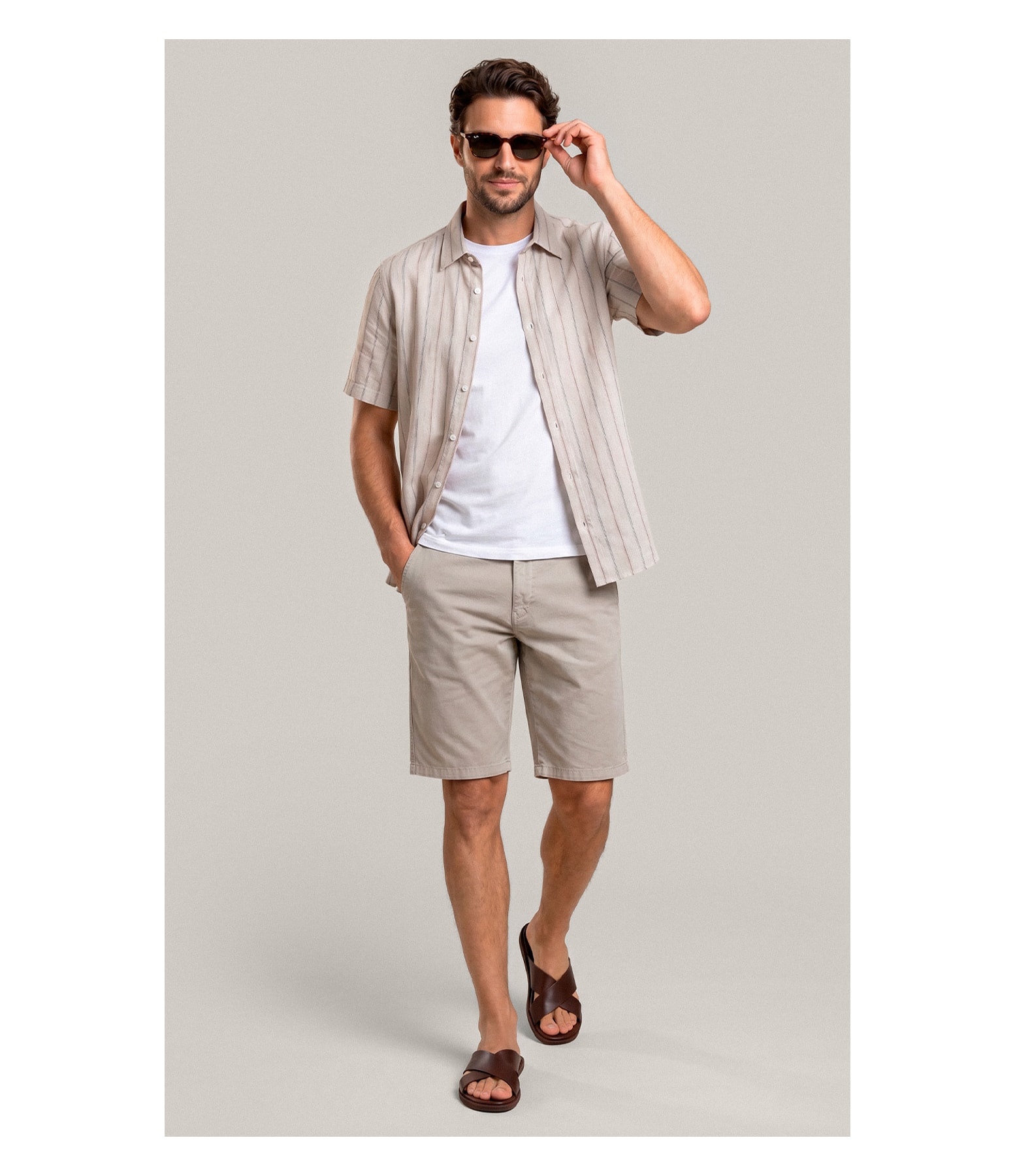 Camisa Linho Blend Adriano Stripe Mc Areia