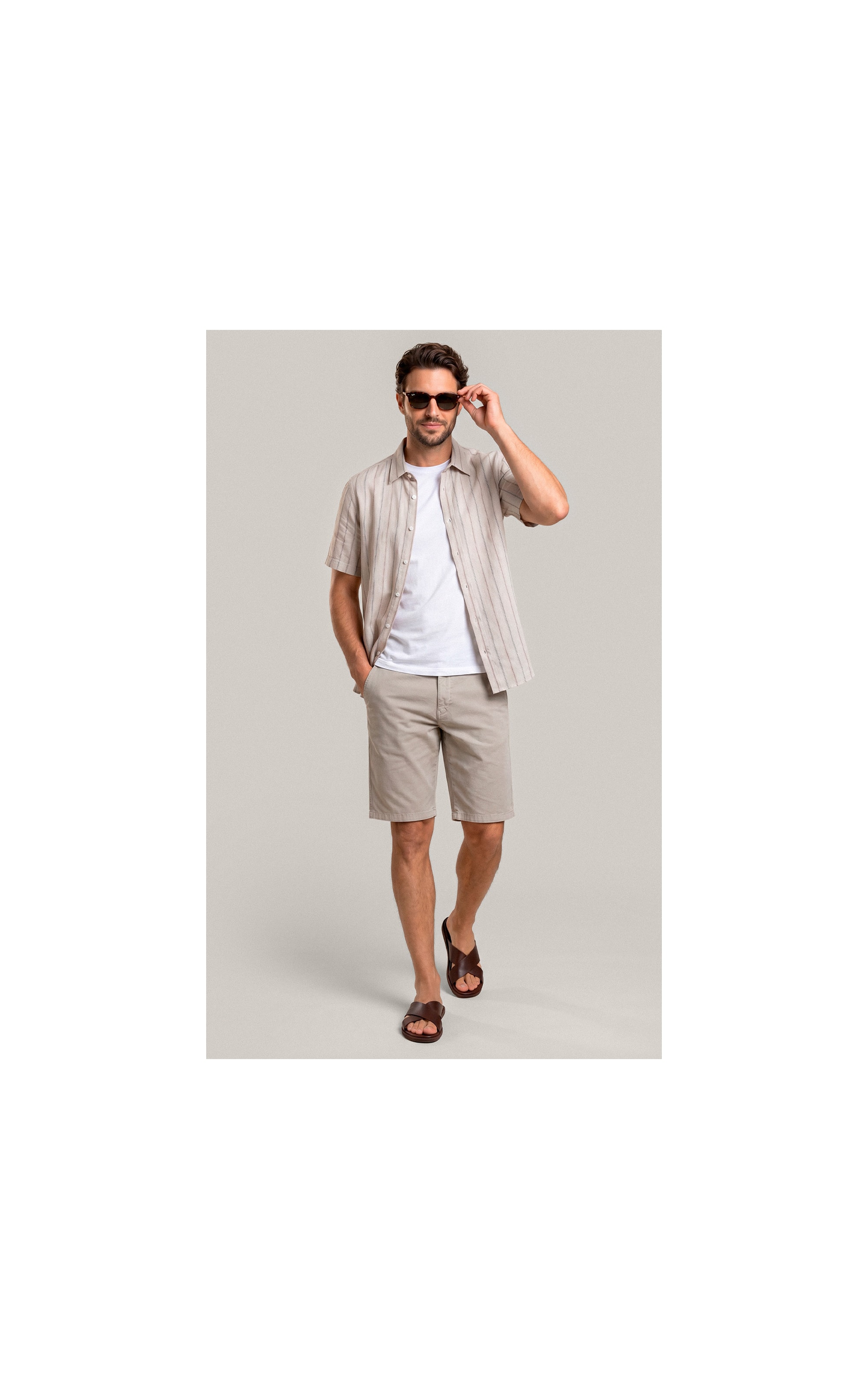 Camisa Linho Blend Adriano Stripe Mc Areia
