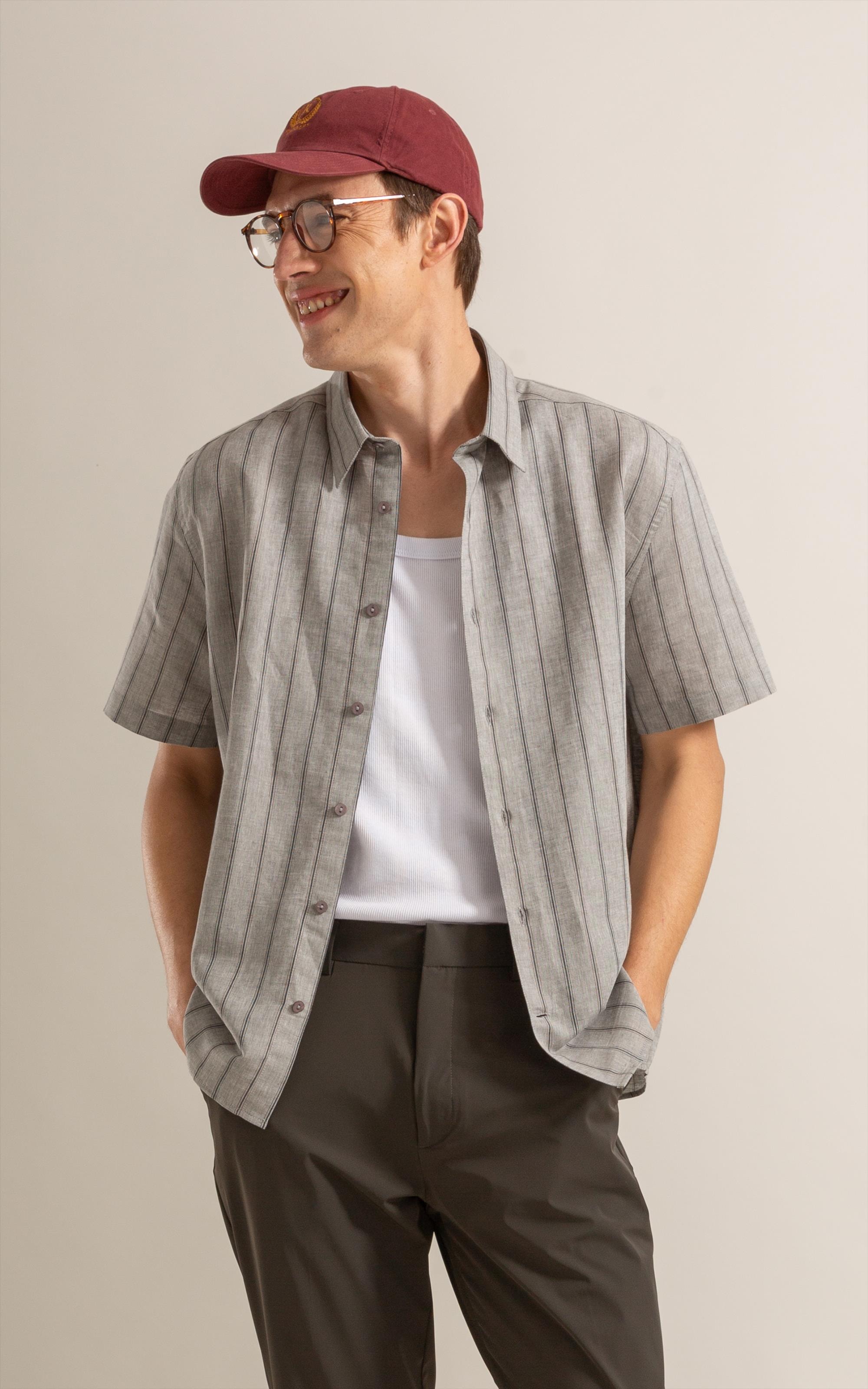 Camisa Linho Blend Adriano Stripe Mc Preto