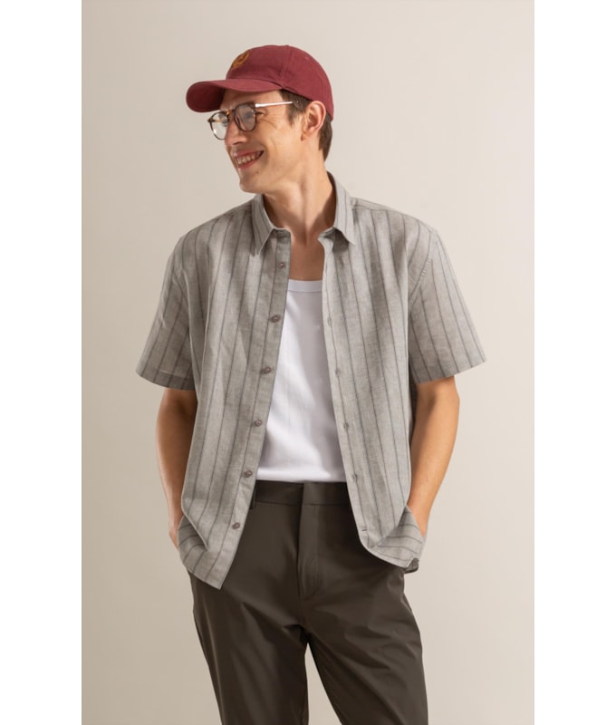 Camisa Linho Blend Adriano Stripe Mc Preto