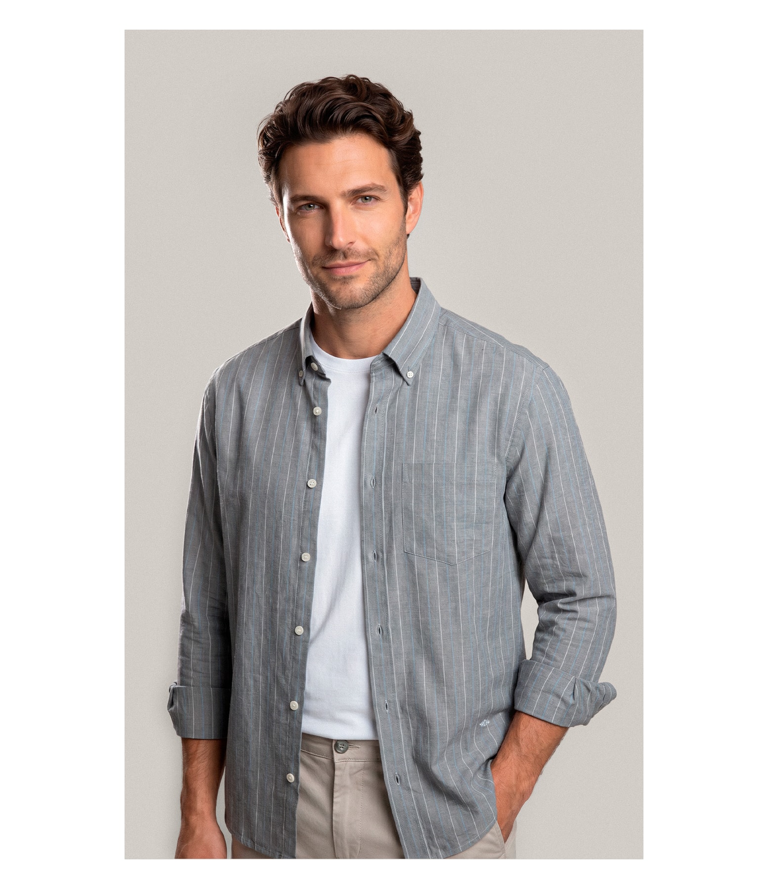 Camisa Linho Blend Listrado  Leandro Ml Grafite