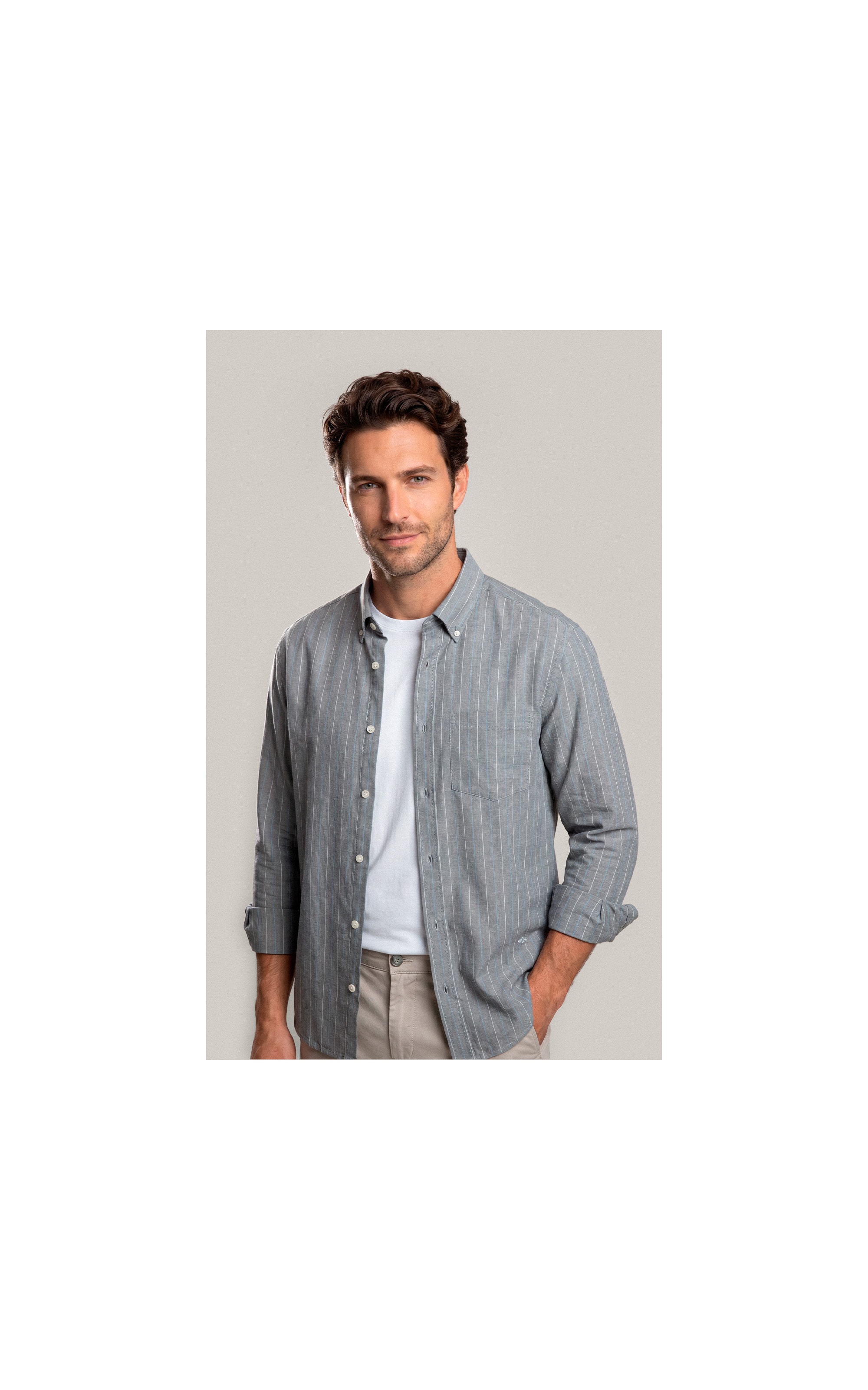 Camisa Linho Blend Listrado  Leandro Ml Grafite