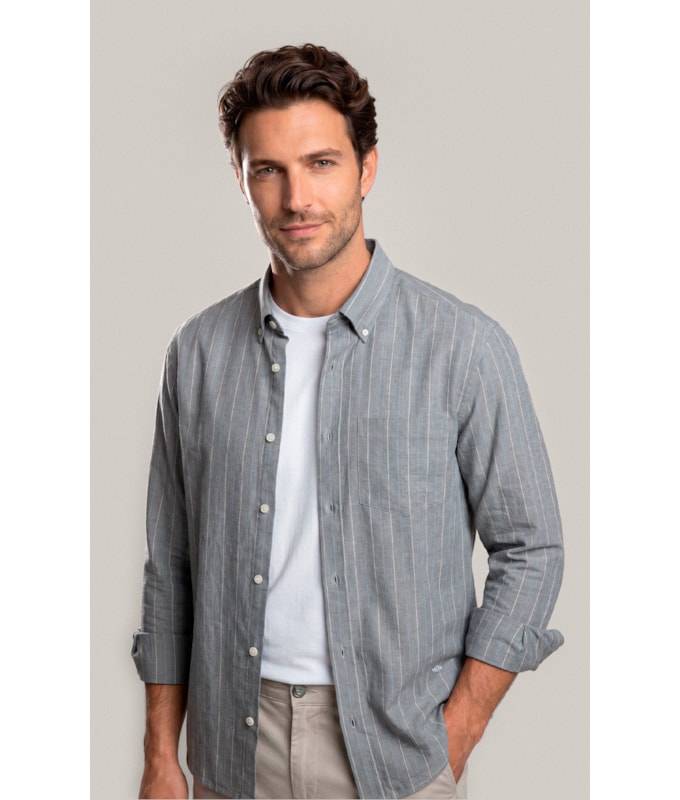 Camisa Linho Blend Listrado  Leandro Ml Grafite