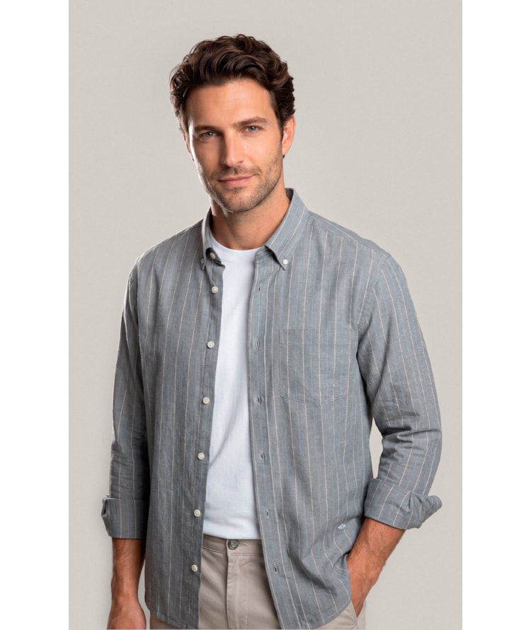 Camisa Linho Blend Listrado  Leandro Ml Grafite