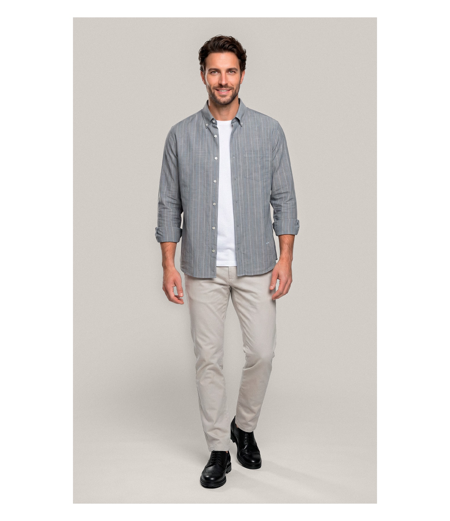 Camisa Linho Blend Listrado  Leandro Ml Grafite