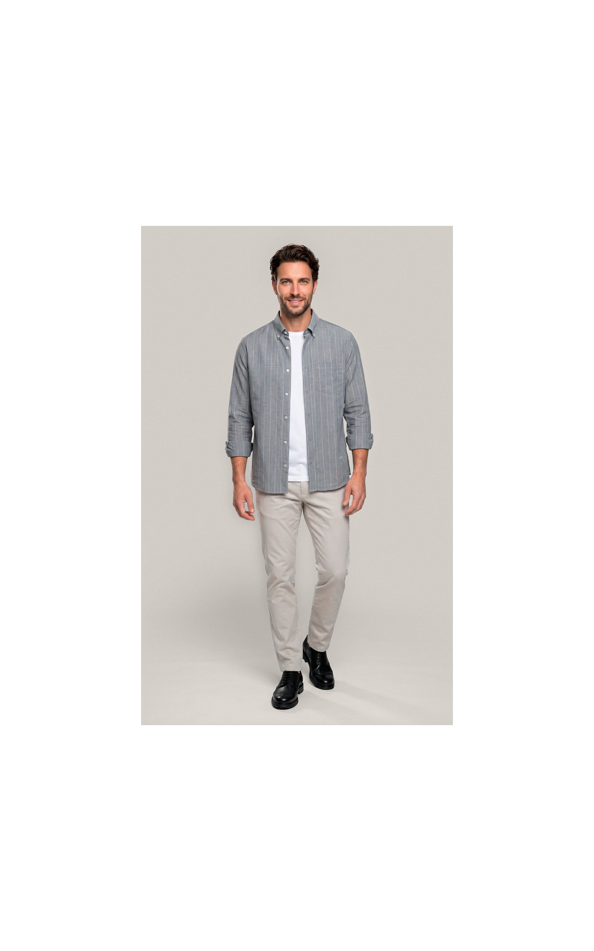 Camisa Linho Blend Listrado  Leandro Ml Grafite