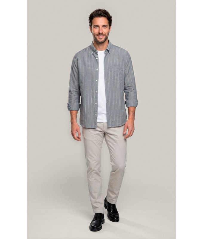 Camisa Linho Blend Listrado  Leandro Ml Grafite