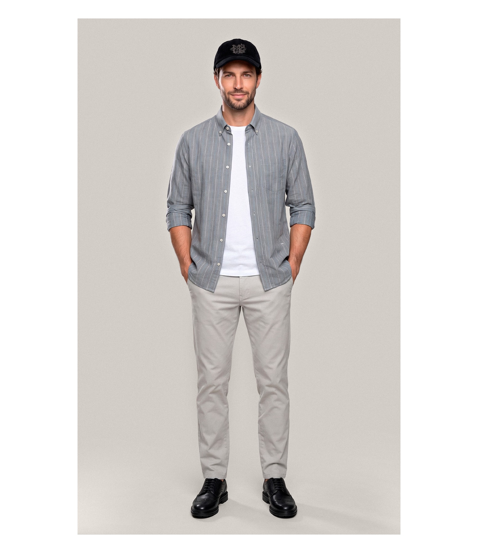 Camisa Linho Blend Listrado  Leandro Ml Grafite