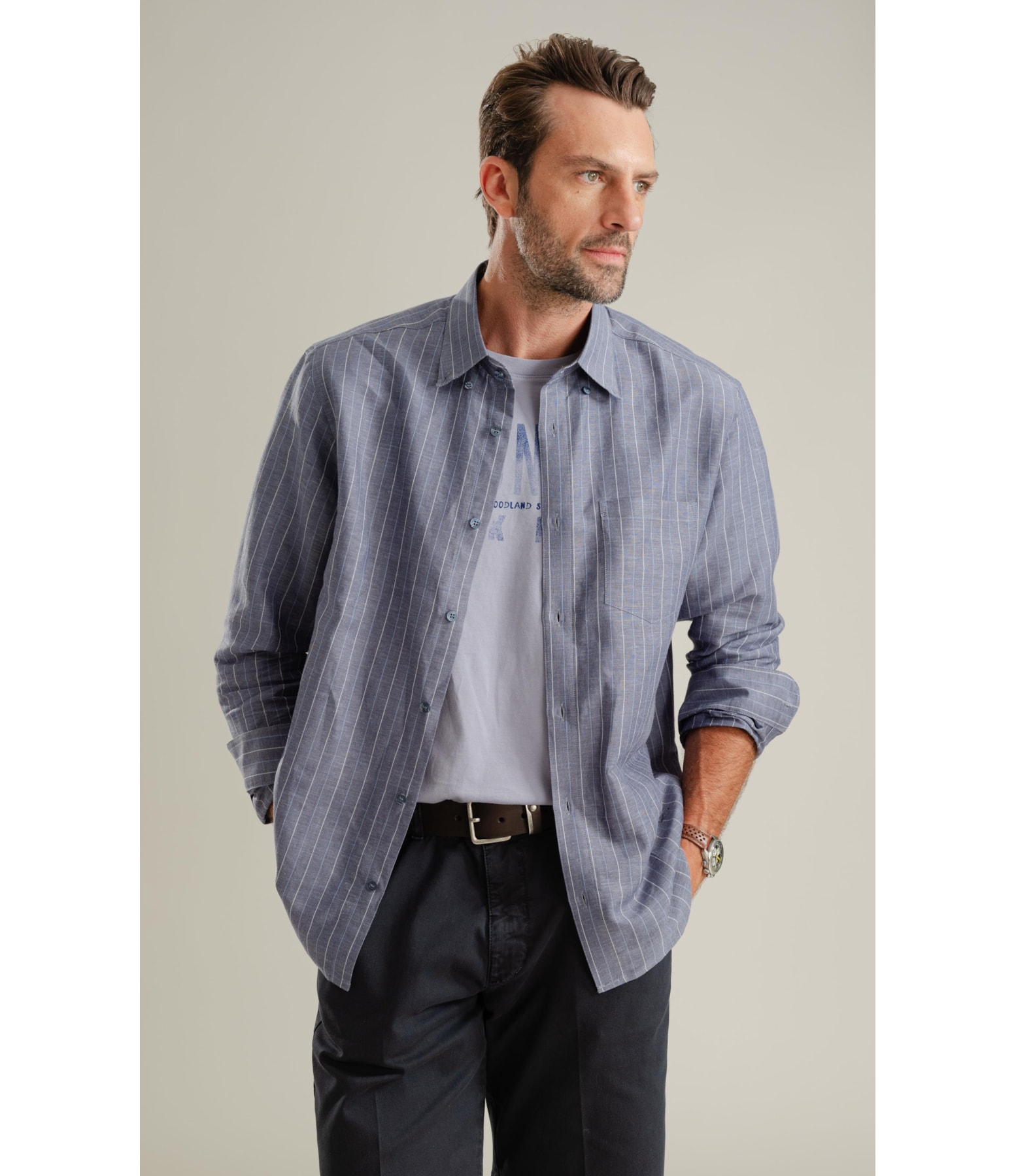 Camisa Linho Blend Listrado  Leandro Ml Purple Blue