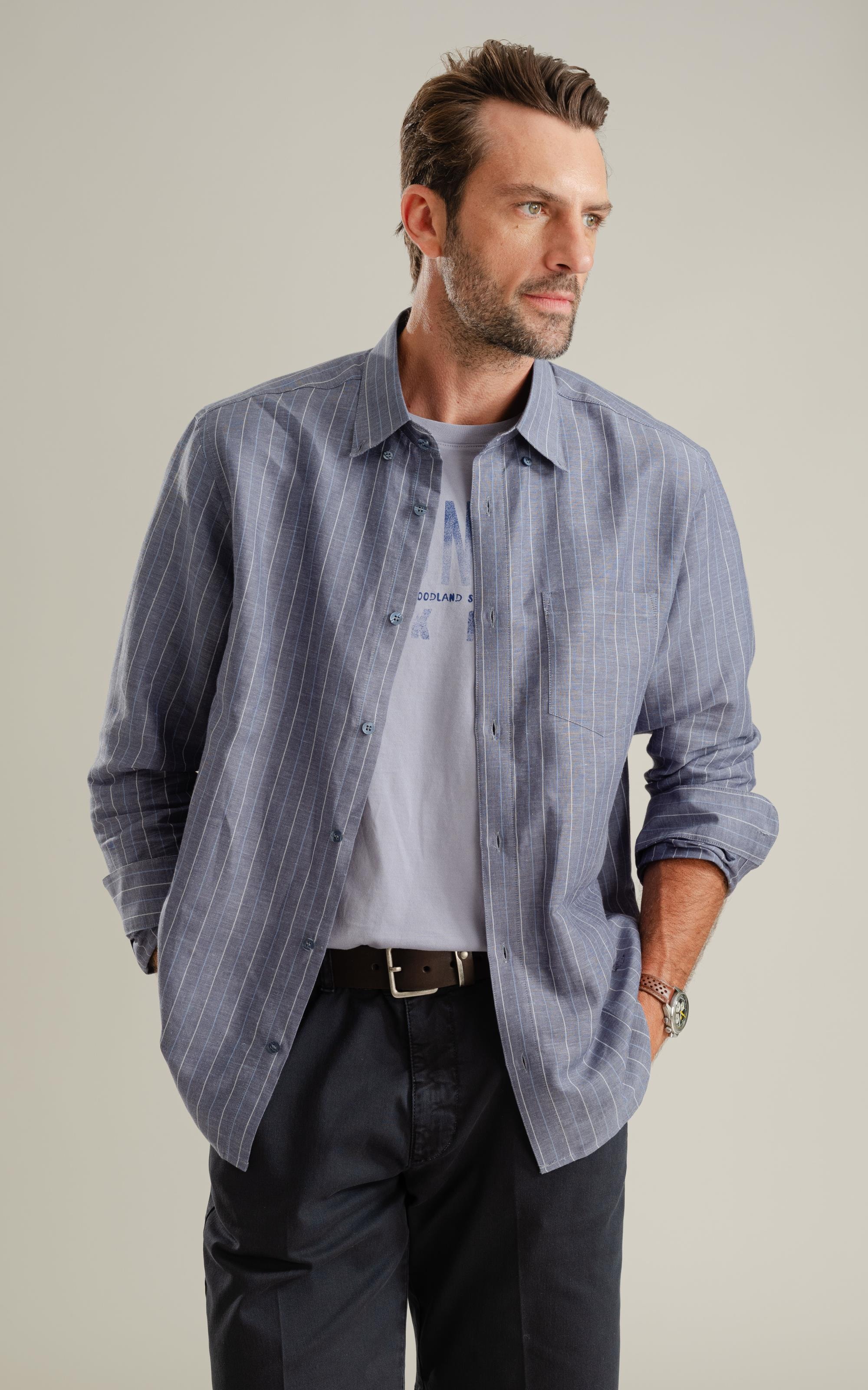 Camisa Linho Blend Listrado  Leandro Ml Purple Blue