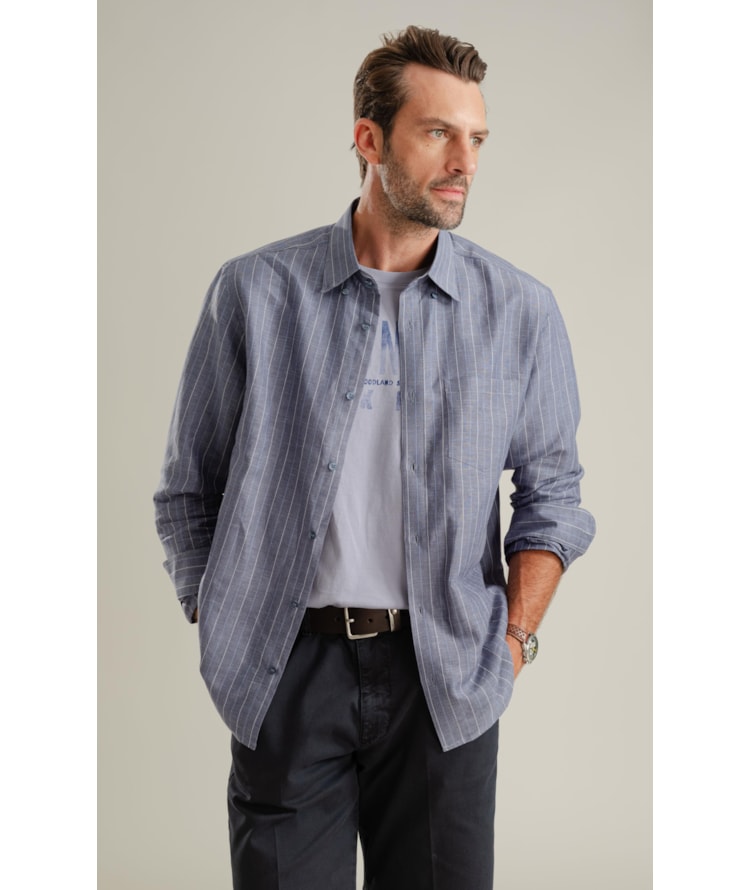 Camisa Linho Blend Listrado  Leandro Ml Purple Blue