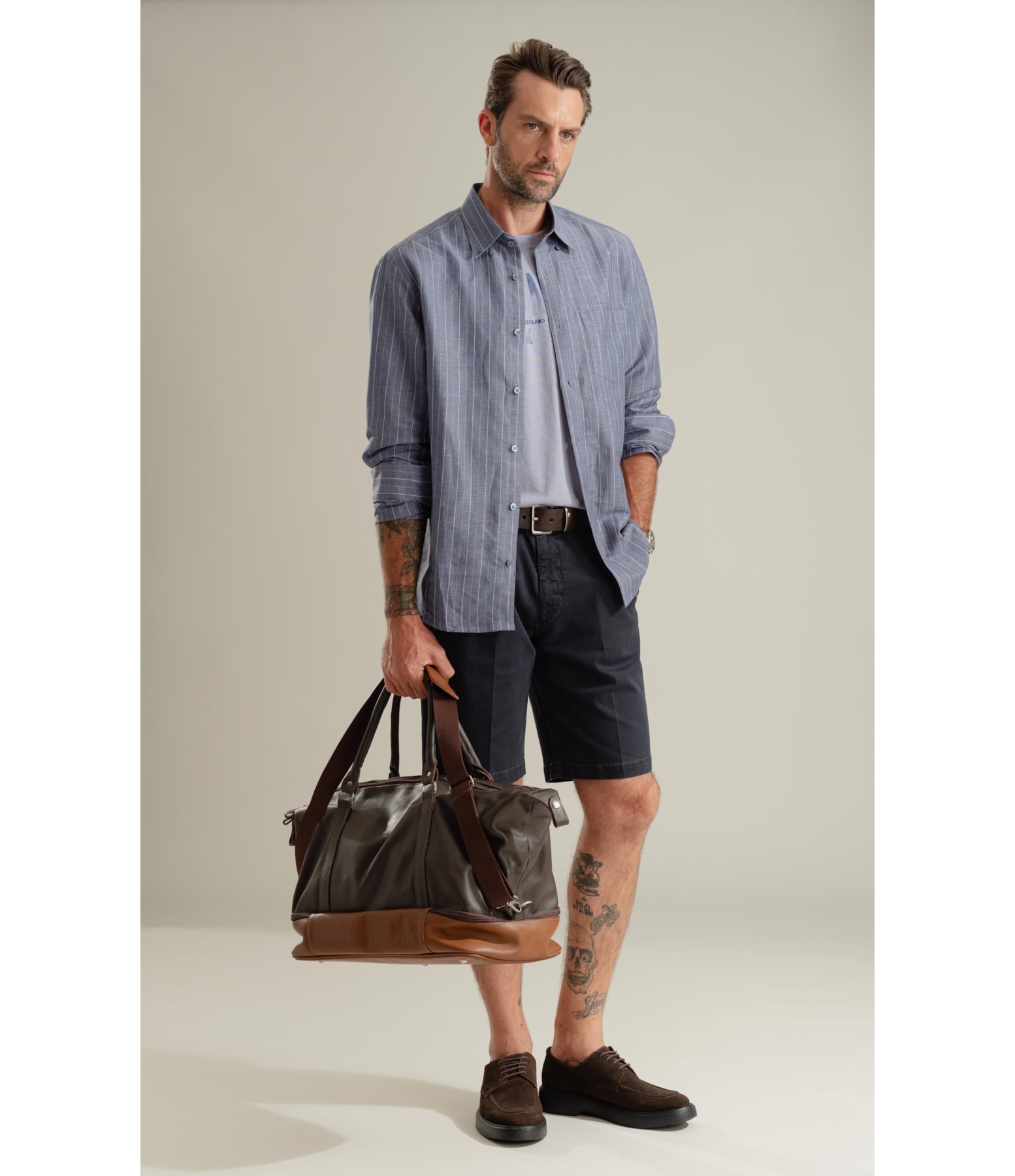 Camisa Linho Blend Listrado  Leandro Ml Purple Blue