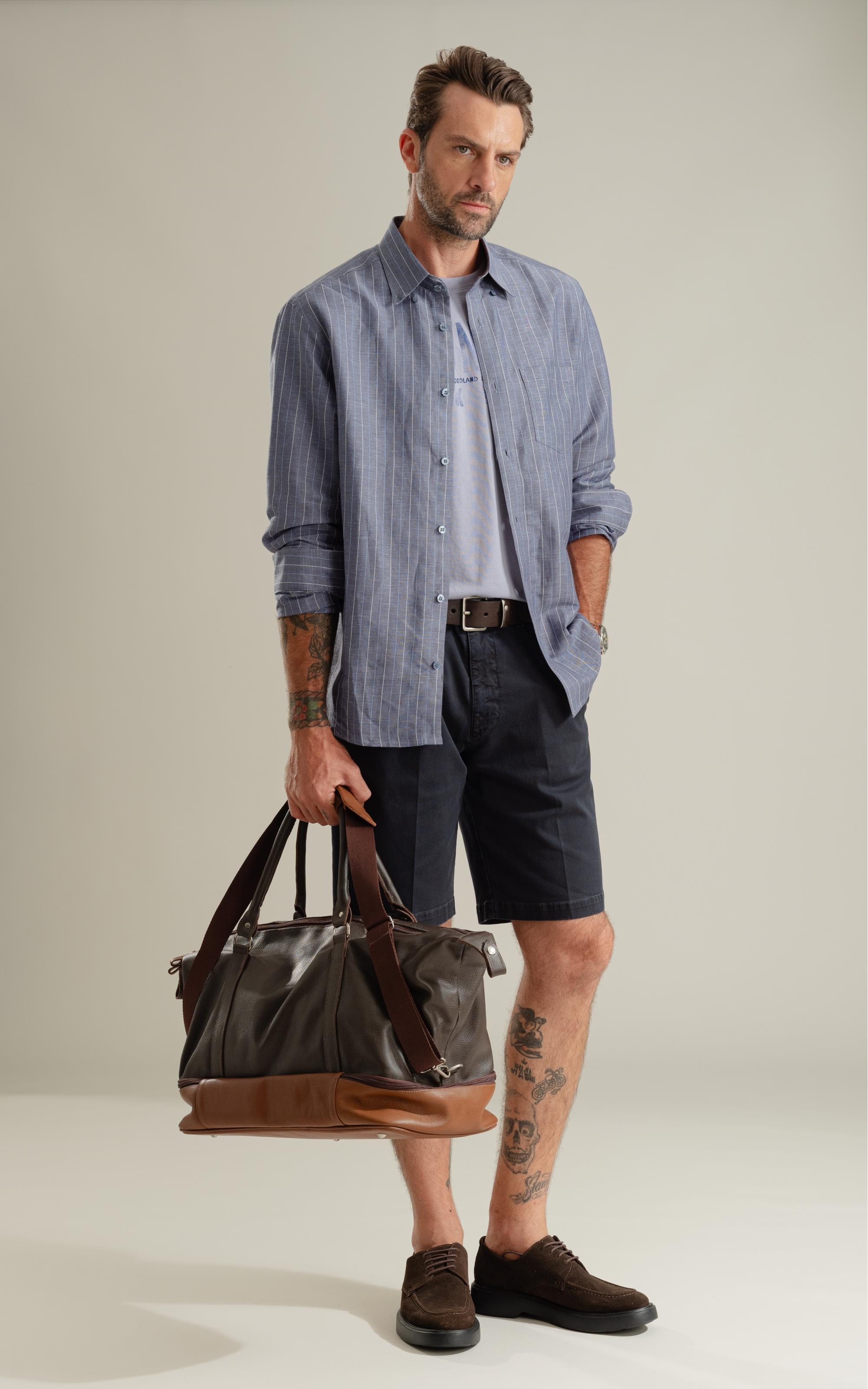Camisa Linho Blend Listrado  Leandro Ml Purple Blue