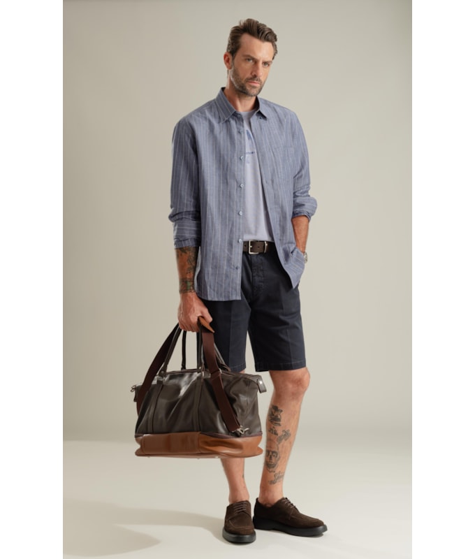 Camisa Linho Blend Listrado  Leandro Ml Purple Blue