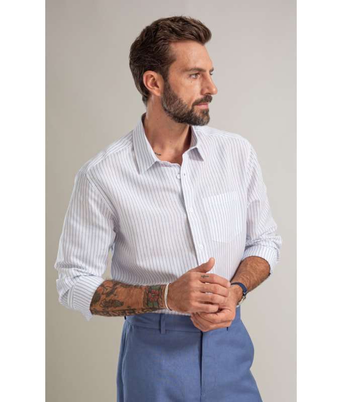 Camisa Linho Blend Listrado Theo Azul Bic