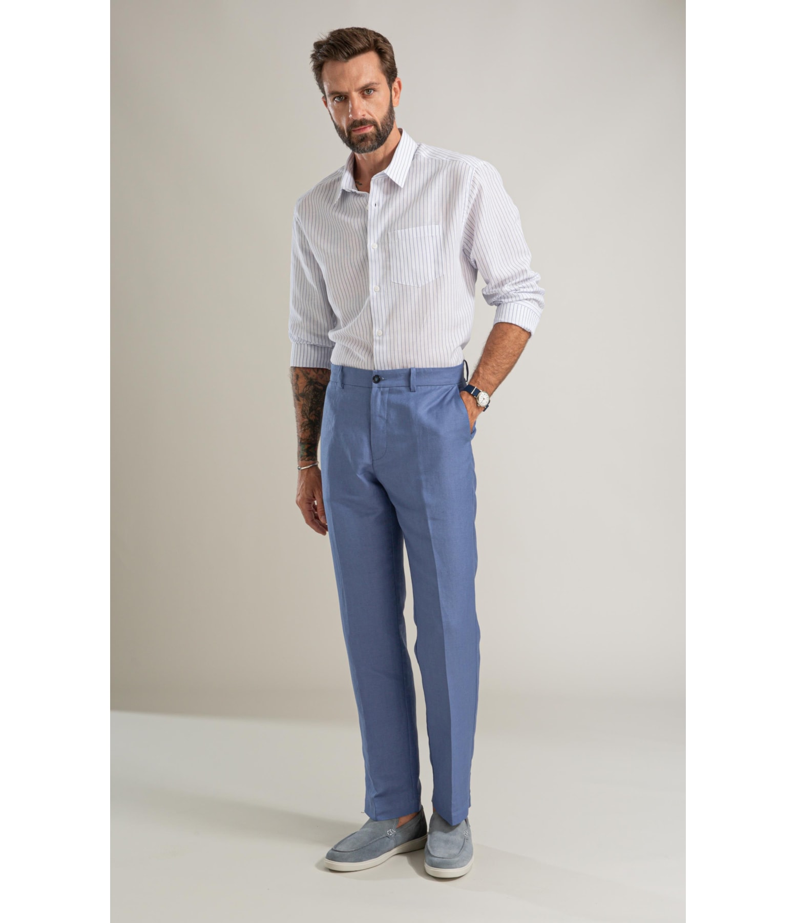 Camisa Linho Blend Listrado Theo Azul Bic
