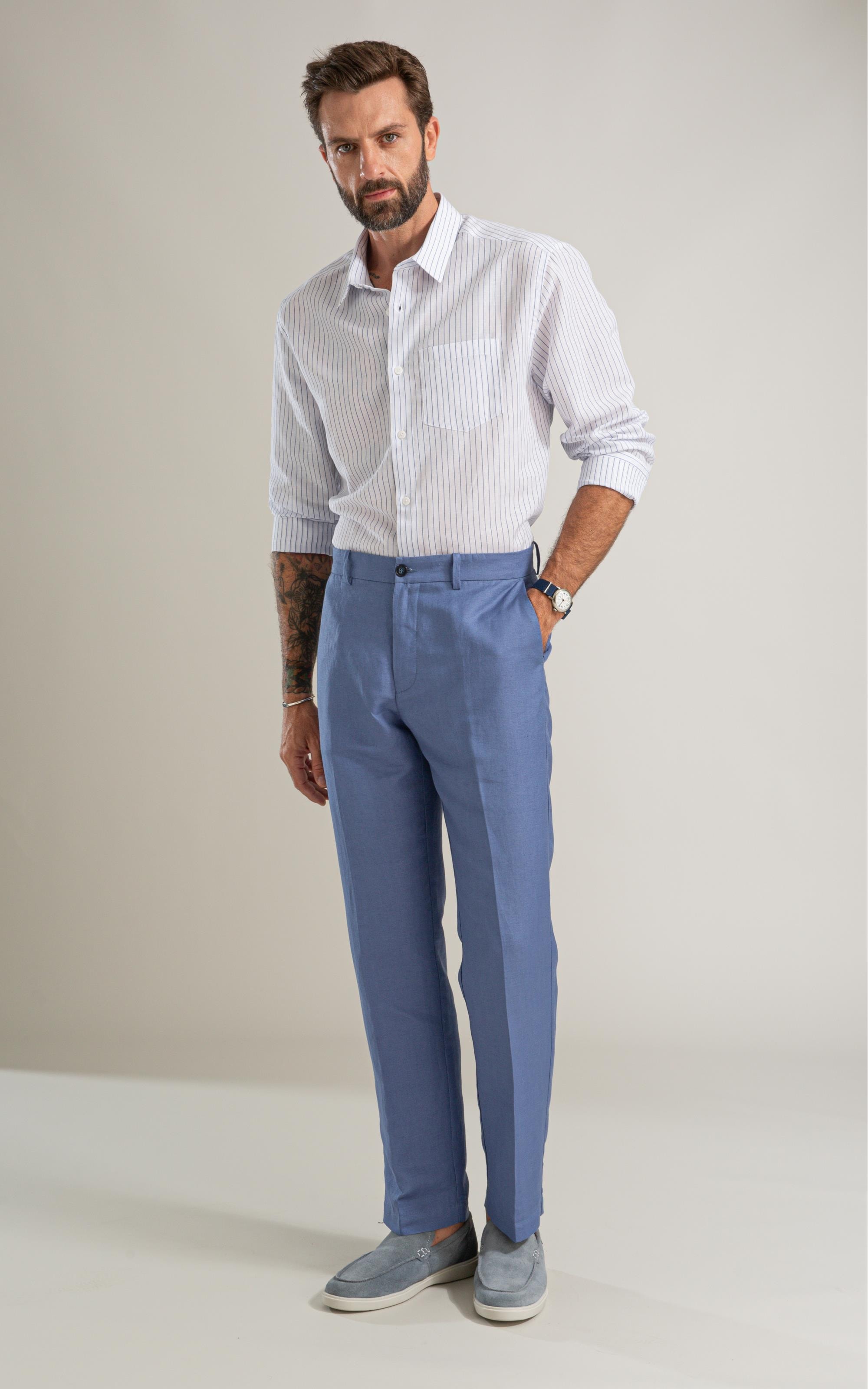 Camisa Linho Blend Listrado Theo Azul Bic